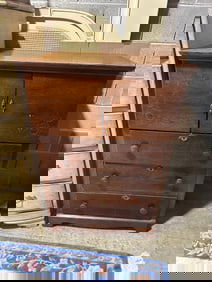 Antique Oak Highboy Chest with Carved Doors & Ornate Hardware, Early 20th Century