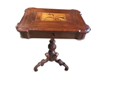 Antique Mahogany Inlaid Work Table with Horse Motif