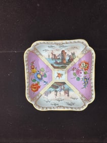 Antique Hand-Painted Porcelain Tray with Scenic and Floral Design