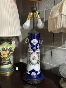 Antique Cobalt Blue and White Porcelain Table Lamp with Hand-Painted Romantic Scenes