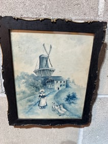Vintage Watercolor Painting of Dutch Windmill and Girl with Geese by M.K. Harding