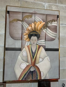 Vintage Japanese Suede Appliqué Geisha Wall Hanging Signed “M.”