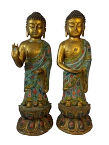 Pair Sino-Tibet Enameled Standing Buddha Statues
