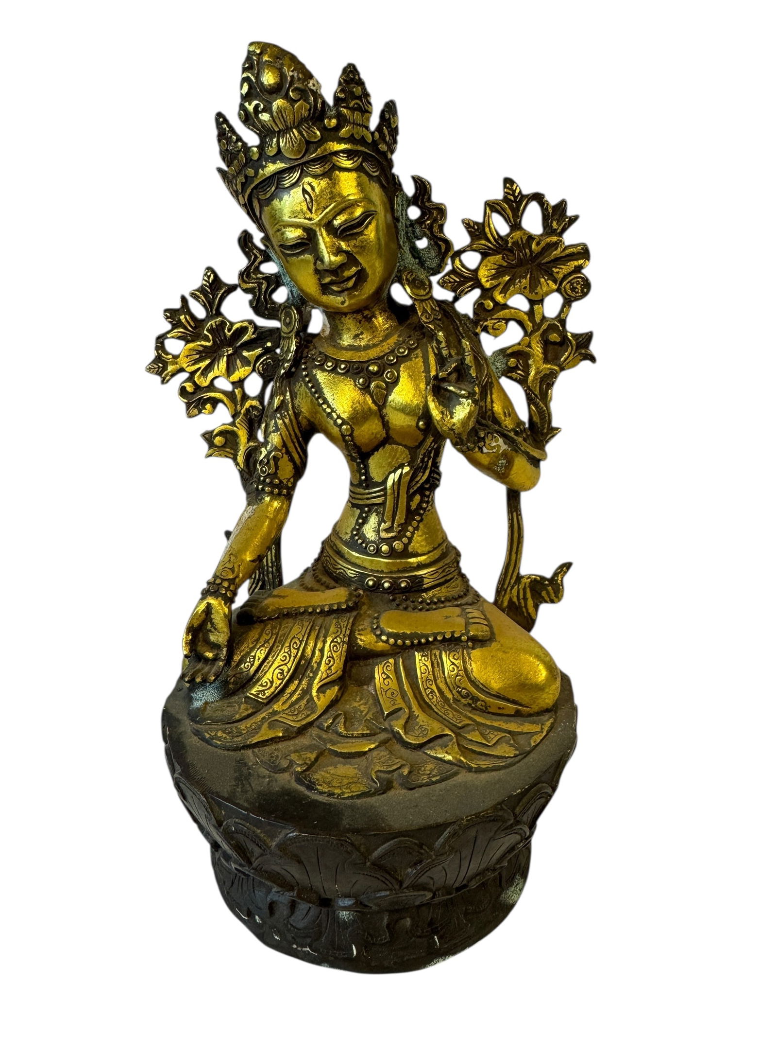 Gilt Bronze Green Tara Statue: Sealed bottom. Photos are part of the description and should tell the whole story.