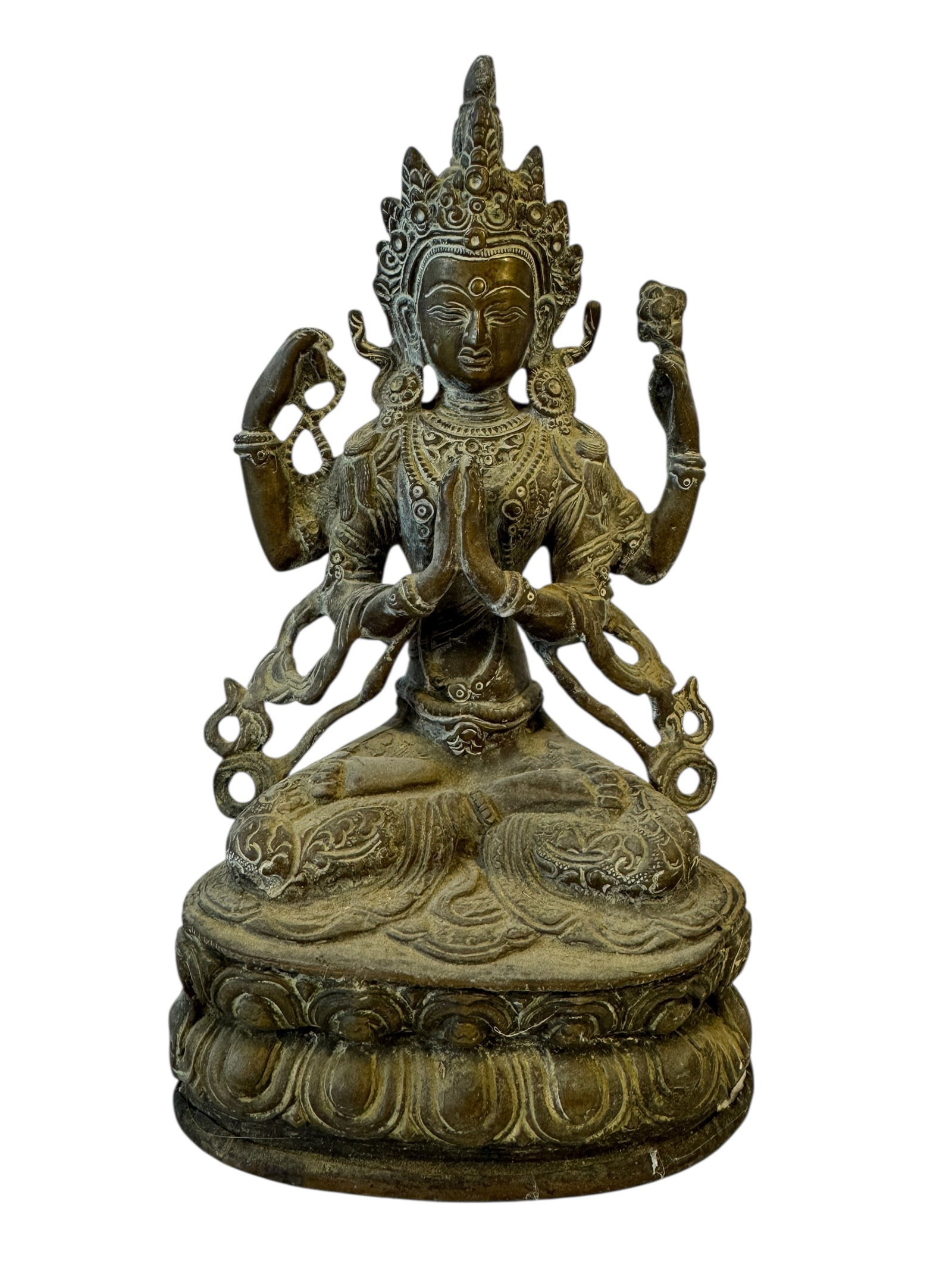 Bronze Tibetan Four Arm Avalokitesvara Statue: Sealed bottom. Photos are part of the description and should tell the whole story.