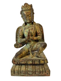 Wooden Avalokiteshvara in Prayer Pose Statue