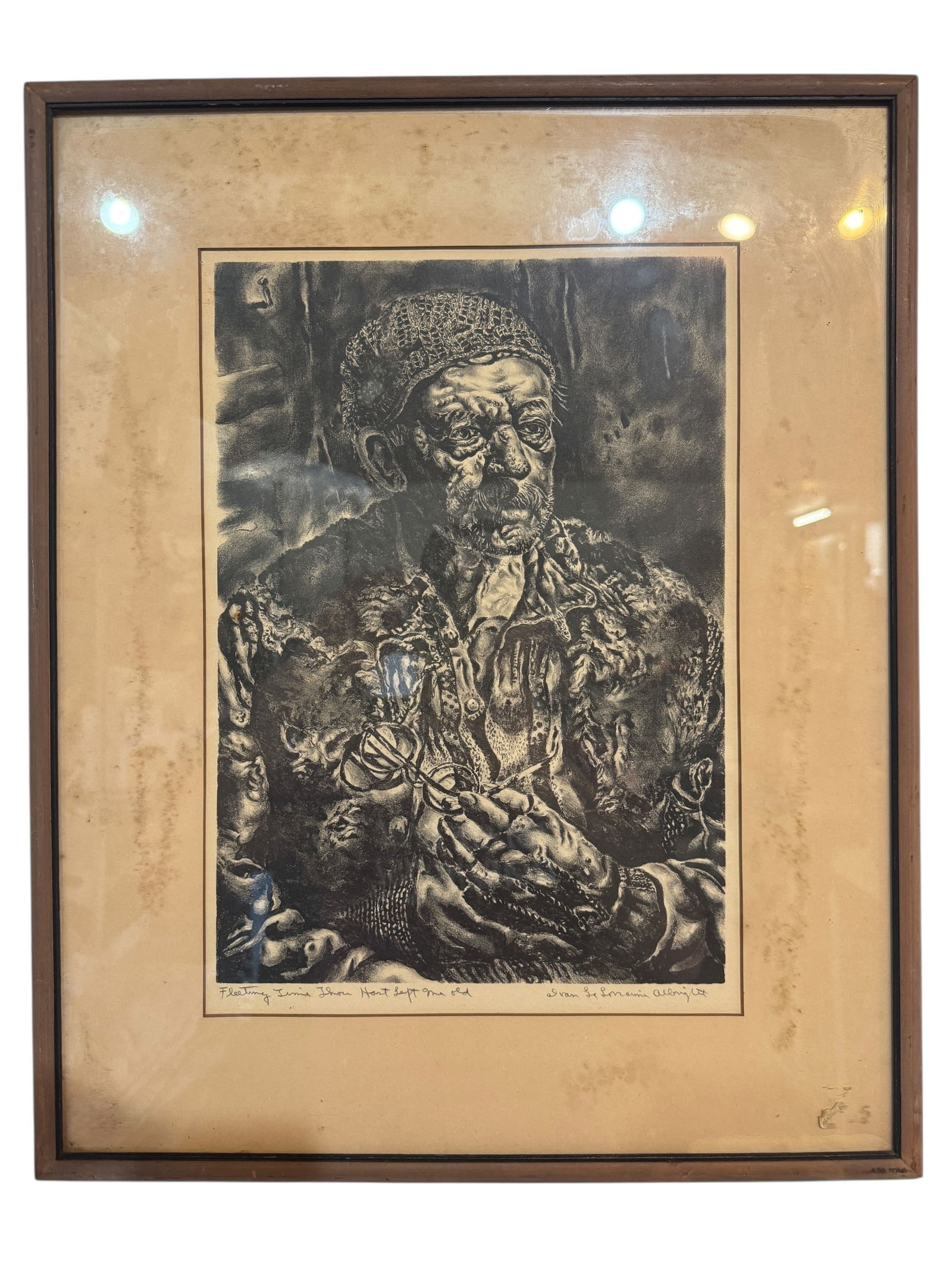 Ivan Le Lorraine Albright Signed Original Lithograph: Image dimensions: 14.5 x 10 Frame dimensions: 20.75 x 16.75 Titled "Fleeting Time Thou Hast Left Me Old". Artist: Ivan Le Lorraine Albright (1897-1983) an American painter, sculptor and print-maker mo