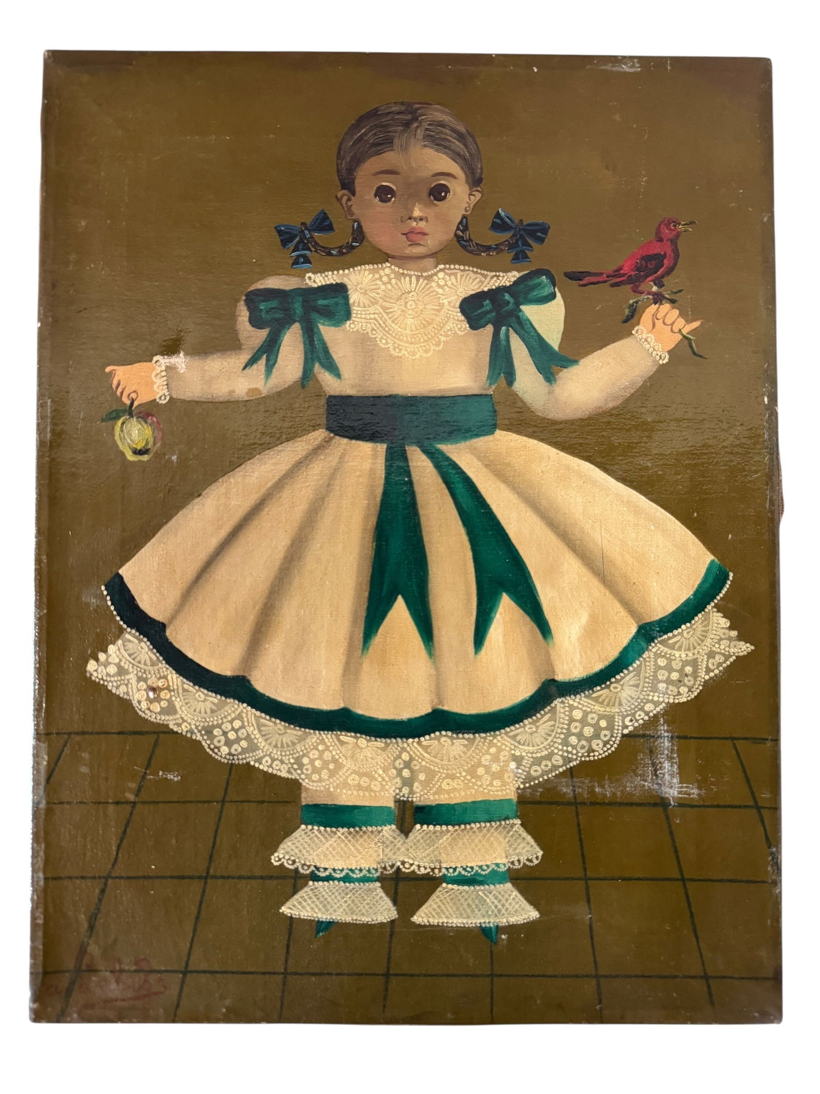 Agapito Labios Young Girl Holding Apple & Bird Original Oil: Image dimensions: 16.75 x 12.75Artist: Agapito Labios (Mexican, 1898-1996)Photos are part of the description and should tell the whole story.