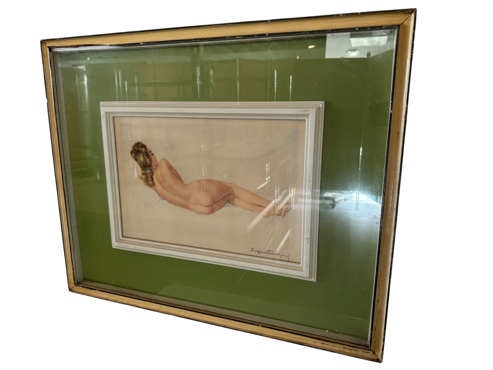 Signed Eugene Lelievre Pinup Lithograph: Image dimensions: 10.5 x 16 Frame dimensions: 22.75 x 28.25 Artist: Eugene Lelievre (French, 1856-1945) Photos are part of the description and should tell the whole story.