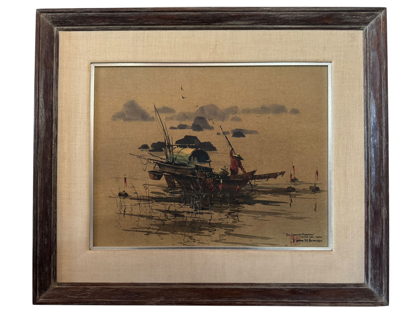 Frank Moss Hamilton "The Lobster Fisherman" Woodblock Print: Image dimensions: 14.75 x 18.75 Frame dimensions: 22.25 x 26.25 Artist: Frank Moss Hamilton (1930-1999) was known for watercolor marine, structures and landscape painting and etching. Photos are part
