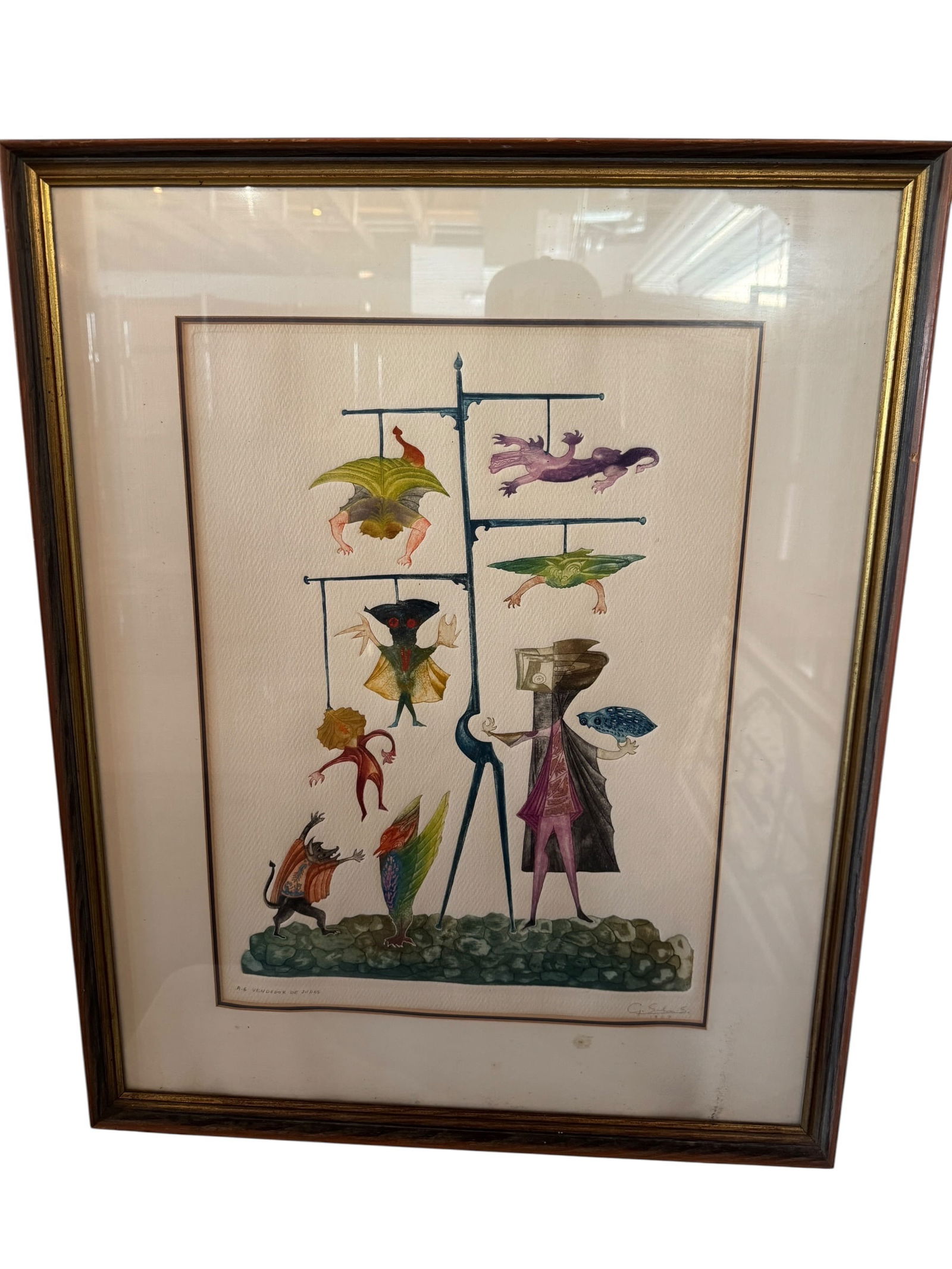 Guillermo Silva Santamaria "A-6 Vendedor De Judas" Lithograph: Image dimensions: 19x 14 Frame dimensions: 27 x 22 Artist: Guillermo Silva Santamaria (1921-2007) is regarded as one of the greatest printmakers of the 20th Century, most notably for his mastery of th