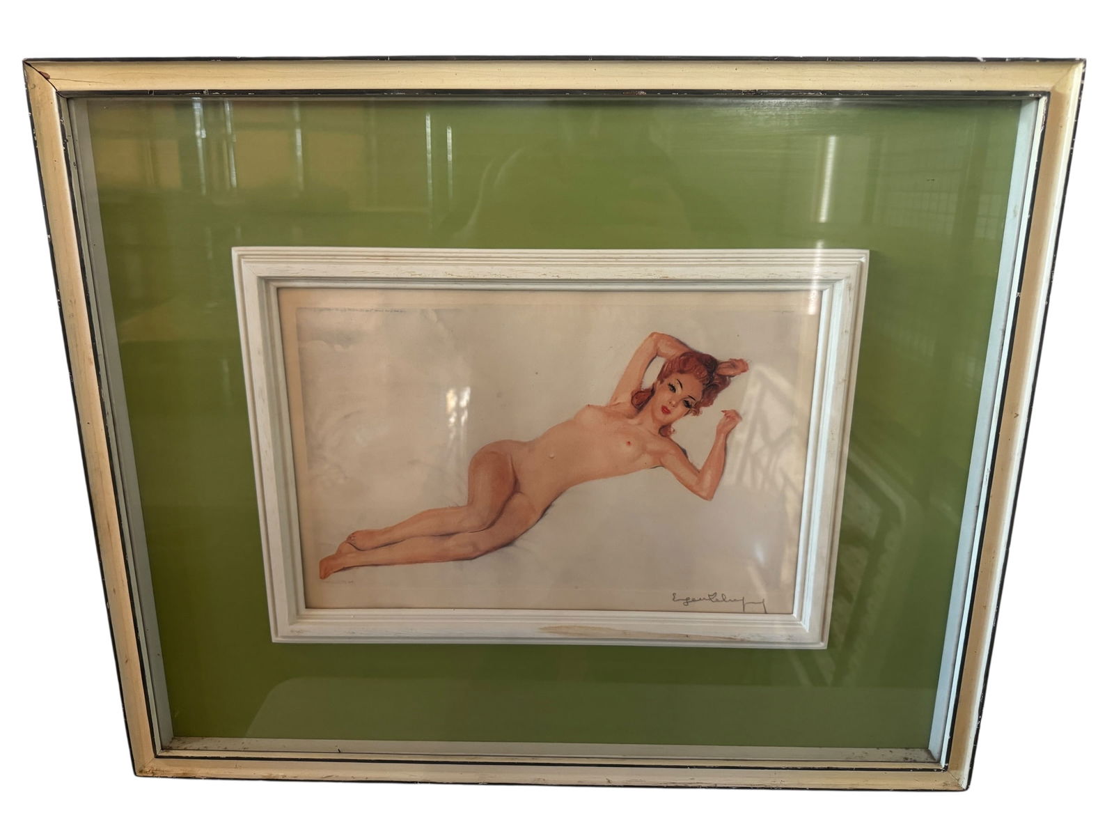 Signed Eugene Lelievre Pinup Lithograph: Image dimensions: 10.5 x 16Frame dimensions: 22.75 x 28.25Artist: Eugene Lelievre (French, 1856-1945)Photos are part of the description and should tell the whole story.