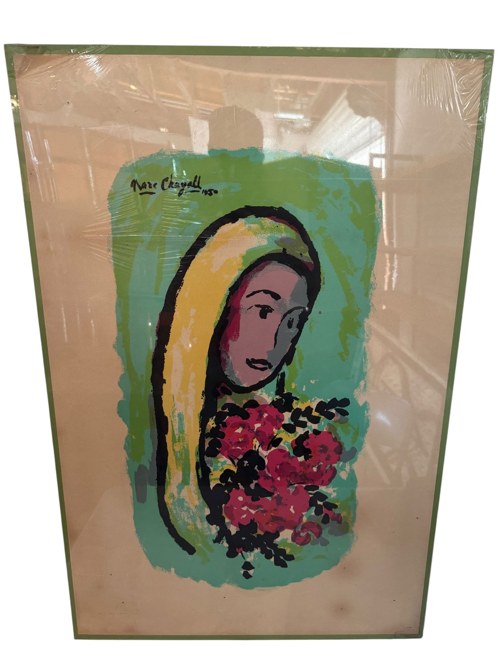 Marc Chagall Woman with Flowers Lithograph: Image dimensions: 35 x 23 Frame dimensions: 36 x 24 Artist: Marc Chagall (1887-1985) was a Russian-born, Jewish artist who worked in a variety of media, including painting, stained glass, ceramics, an