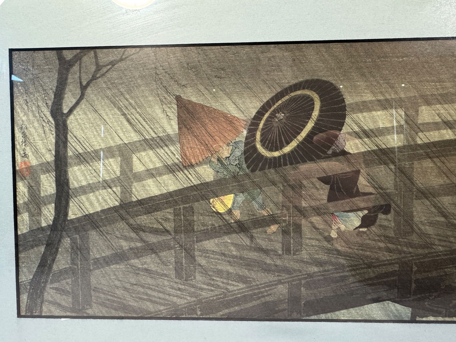 Hiroaki Takahashi Shotei "Rain on Izumi Bridge" Woodblock Print - 2