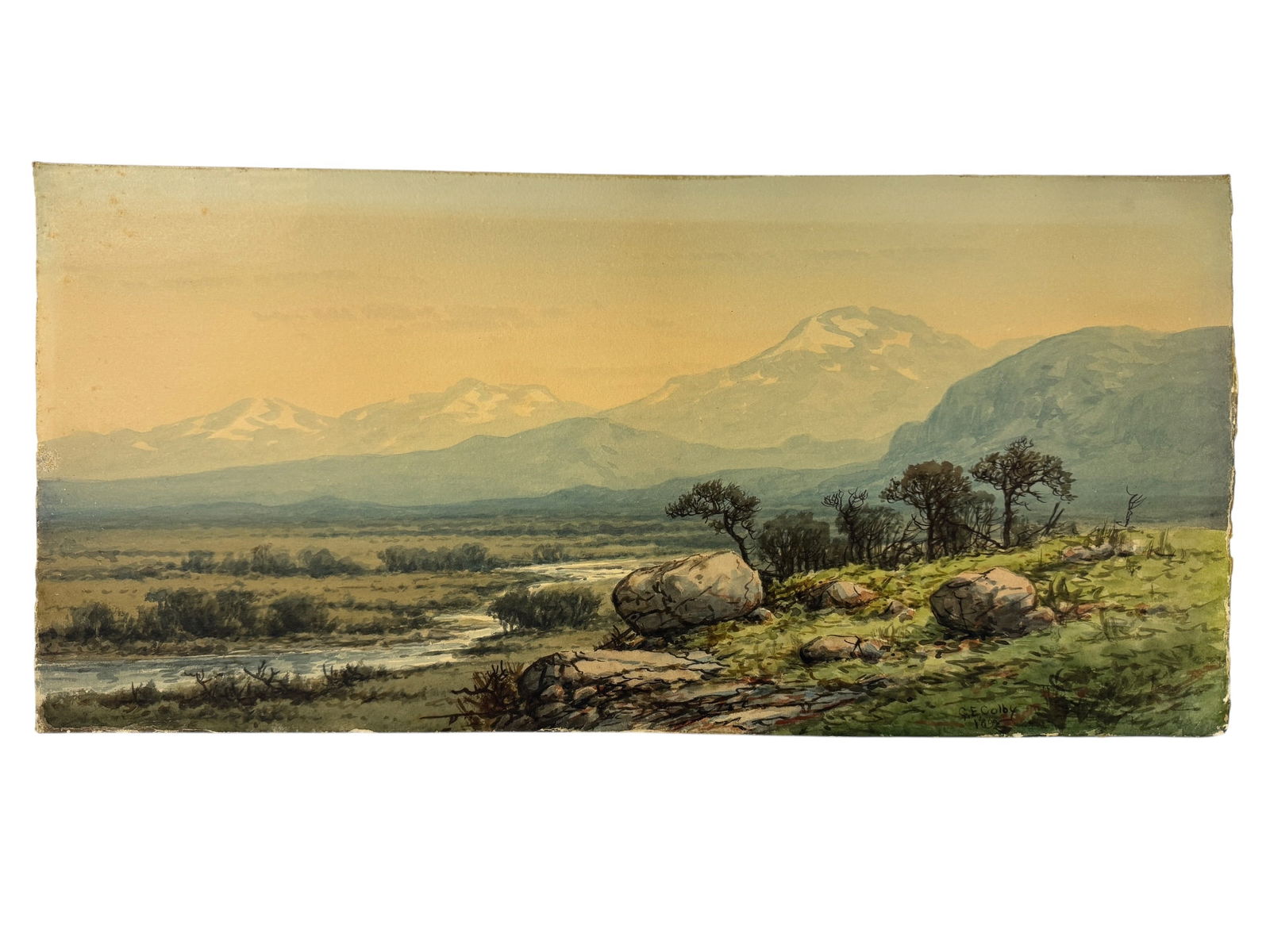 Antique George Ernest Colby Original Watercolor Landscape circa 1892: Image dimensions:10.75 x 22.5Artist: George Ernest Colby (1859-1922) was a well-regarded artist in Chicago and was an illustrator, cartoonist and natural entertainer. He was also known for mountain