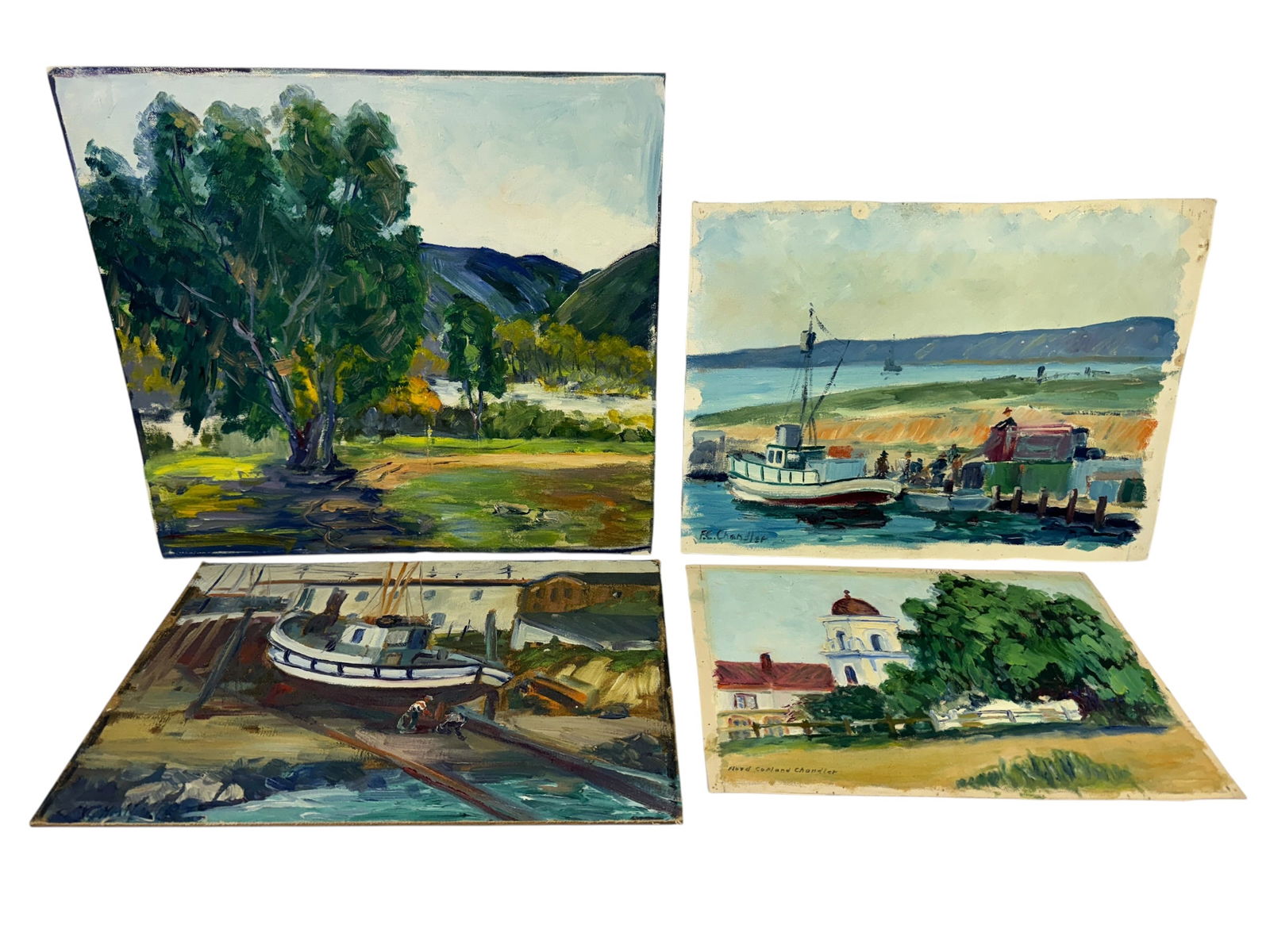 Collection of 4 Floyd C. Chandler Original Oils: Image dimensions: 14.75 x 16, 11.5 x 15.75, 10.25 x 14.75, 9.5 x 13Artist: Floyd Copeland Chandler (1920-1995) was born in San Diego, California on November 5, 1920. Chandler began painting and