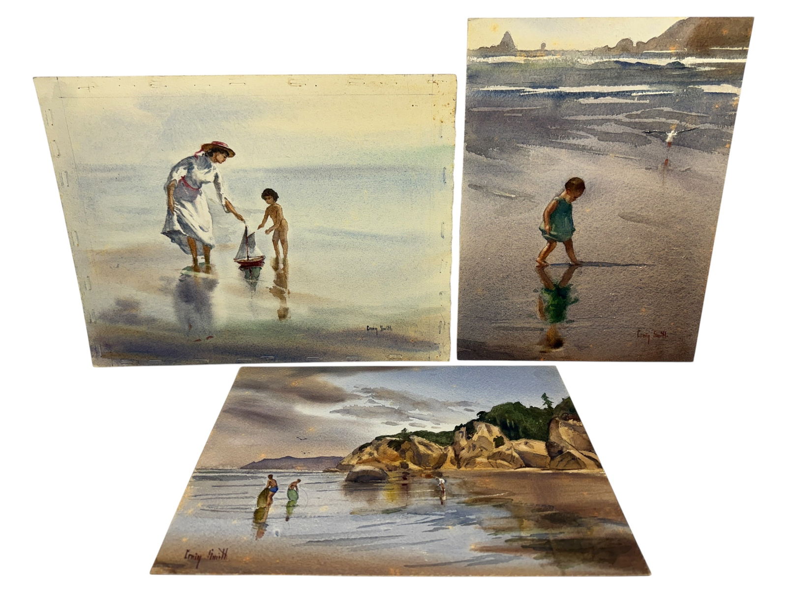 Collection of 3 Craig Smith Beach Original Watercolors: Image dimensions: 10.5 x 13.75, 12 x 9, 9 x 12Artist: Craig Smith (20th Century).Photos are part of the description and should tell the whole story.