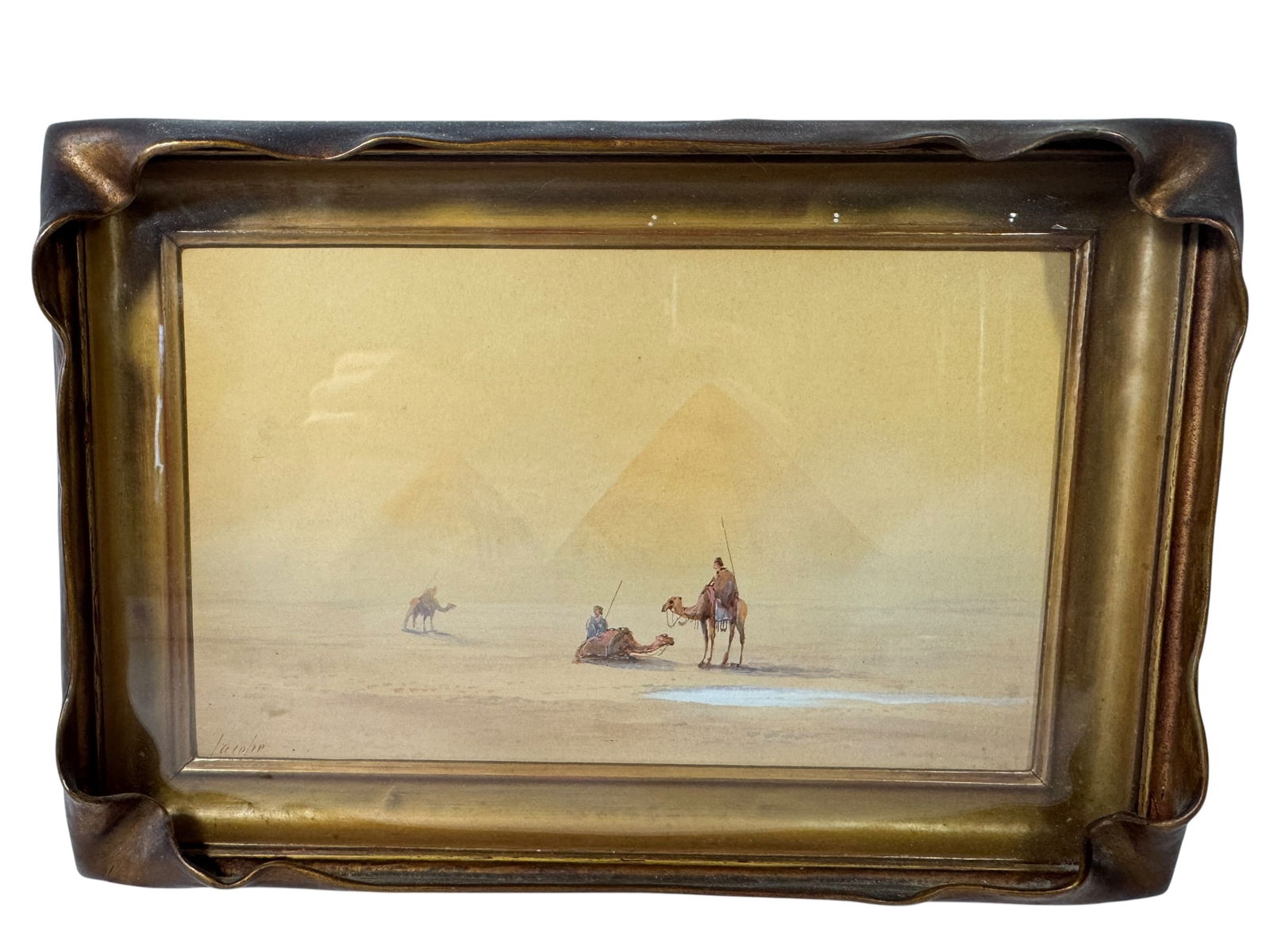 Original Egyptian Painting w/ Unique Batwing Frame: Image dimensions: 6.75 x 10.75Frame dimensions: 9 x 13Artist: Unknown Photos are part of the description and should tell the whole story.
