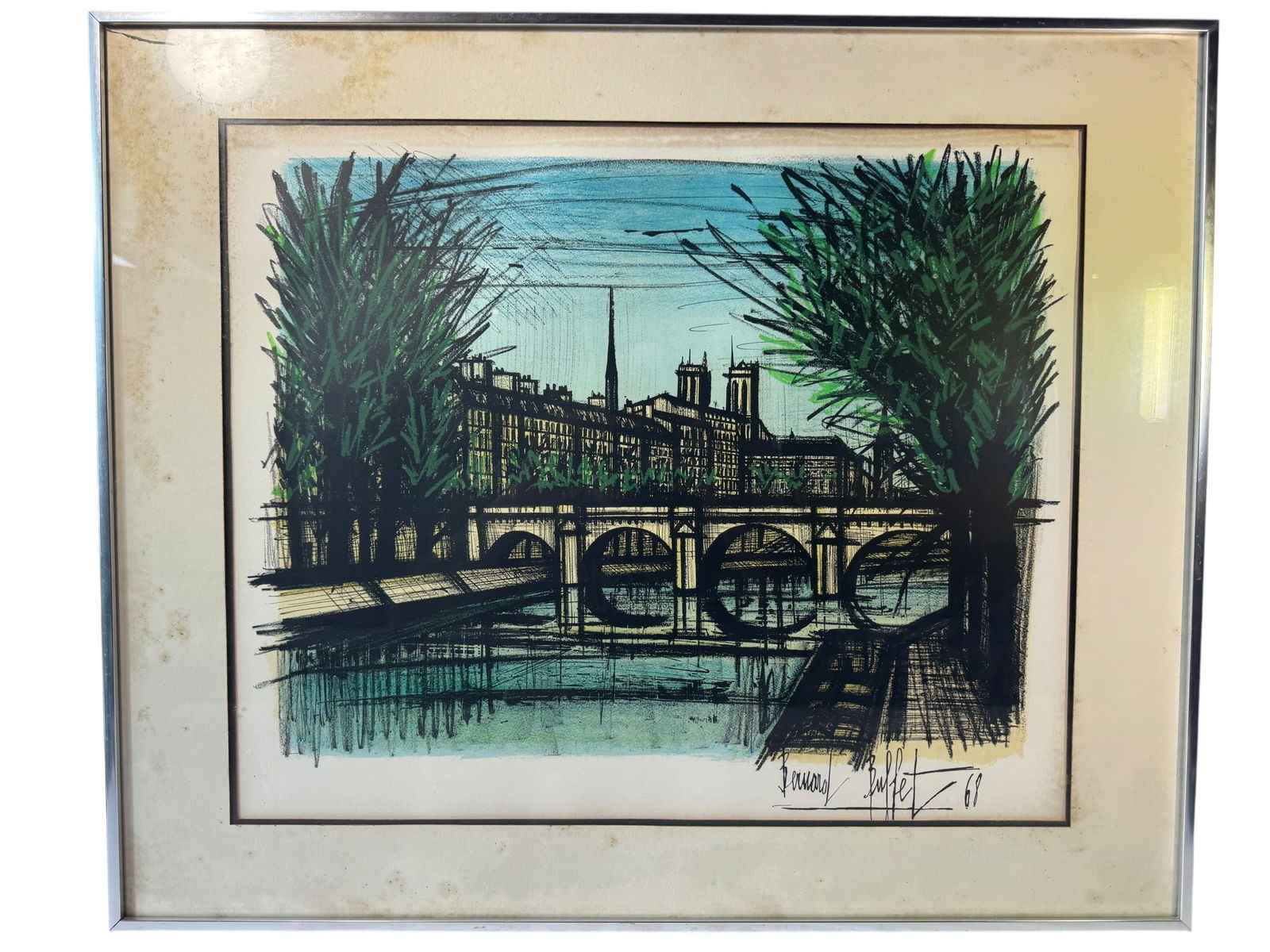 Bernard Buffet "Le Pont Neuf" 1968 Color Lithograph: Image dimensions: 18.5 x 22.5 Frame dimensions: 24.25 x 29.25 Artist: Bernard Buffet (1928-1999) Photos are part of the description and should tell the whole story.