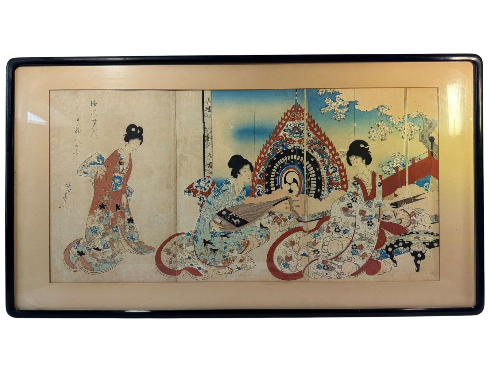 Toyohara Chikanobu "Preparing for a Concert" Wooblock Print: Image dimensions: 13.75 x 28 Frame dimensions: 18.75 x 34.25 Artist: Torohara Chikanobu (1838-1912) Photos are part of the description and should tell the whole story.