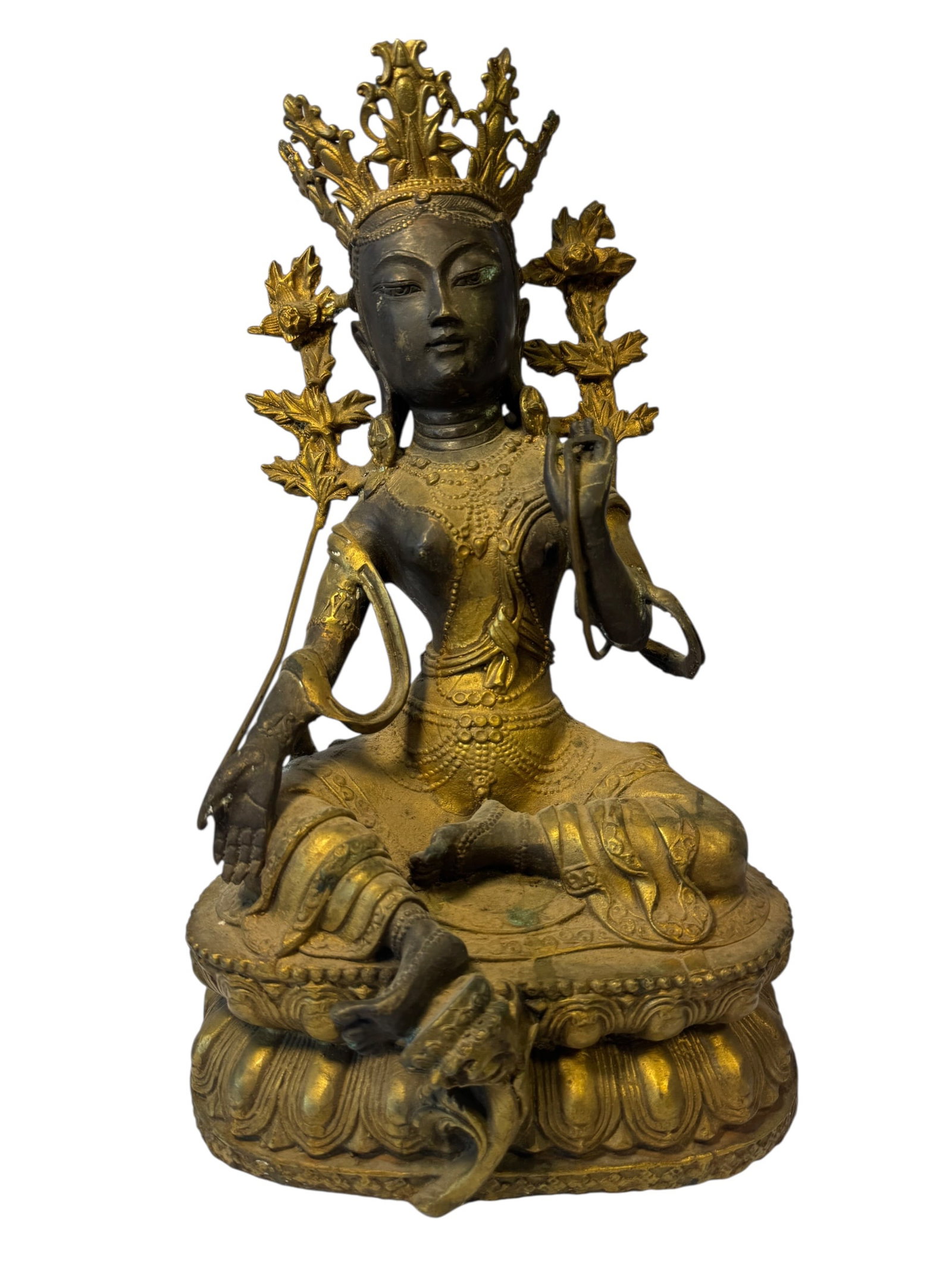 Tibetan Gilt Bronze Green Tara Statue: Missing piece on top as shown.Photos are part of the description and should tell the whole story.