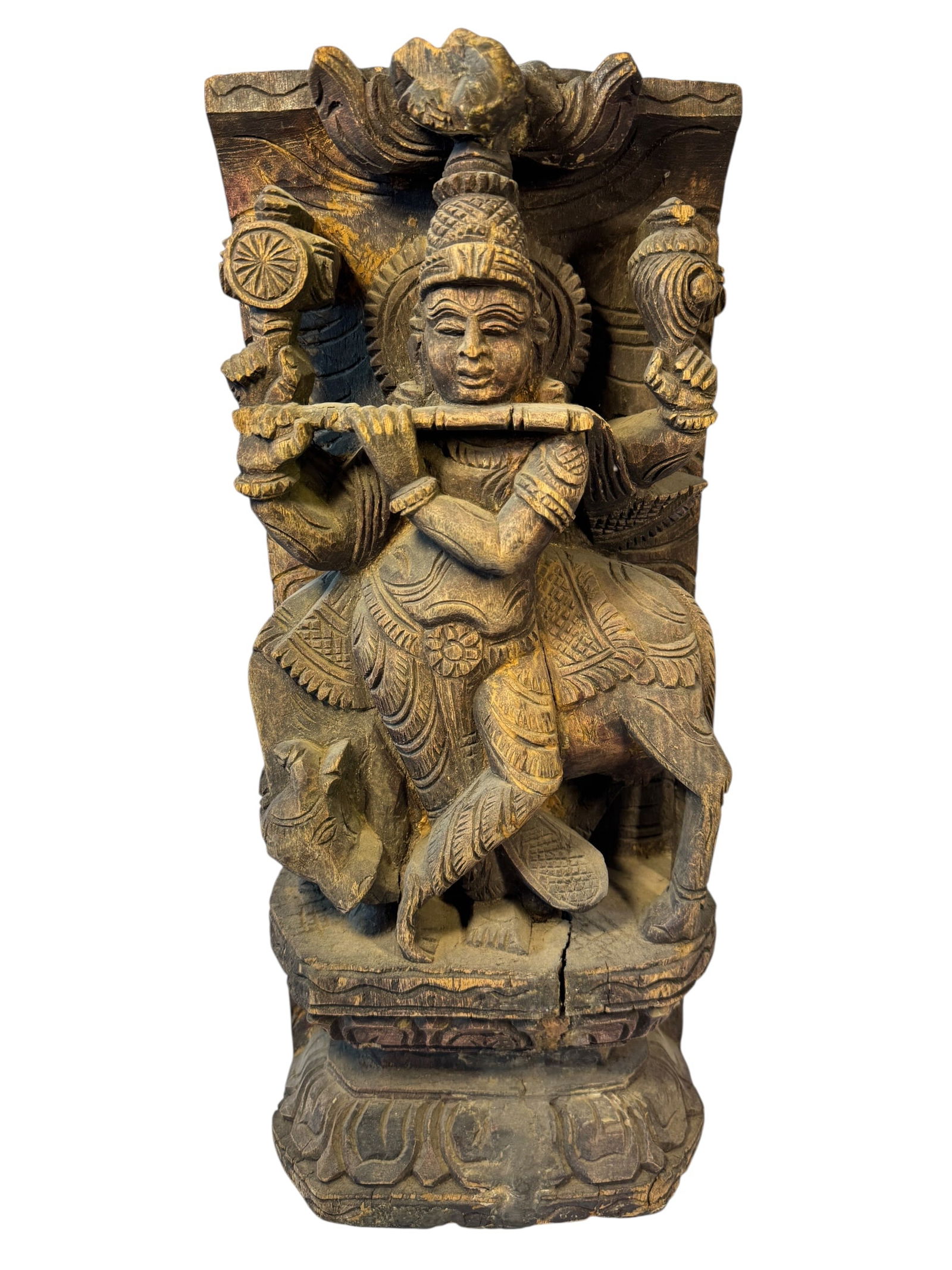 Hand Carved Wood Krishna Panel: Photos are part of the description and should tell the whole story.