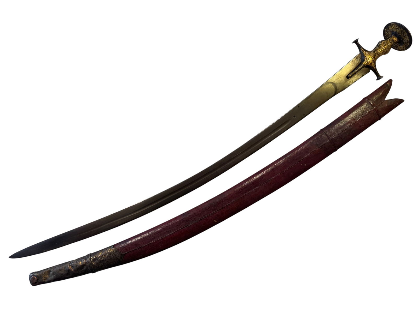 Indian Tulwar (Talwar) Sword w/ Gilded Hilt & Scabbard: Photos are part of the description and should tell the whole story.