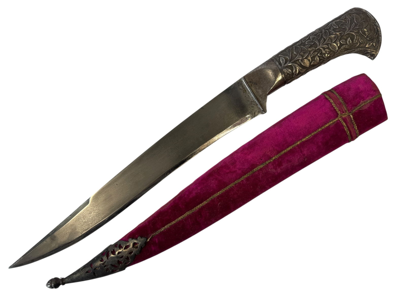 Ottoman Wootz Damascus Steel Bichaq Knife with Velvet Scabbard: Photos are part of the description and should tell the whole story.