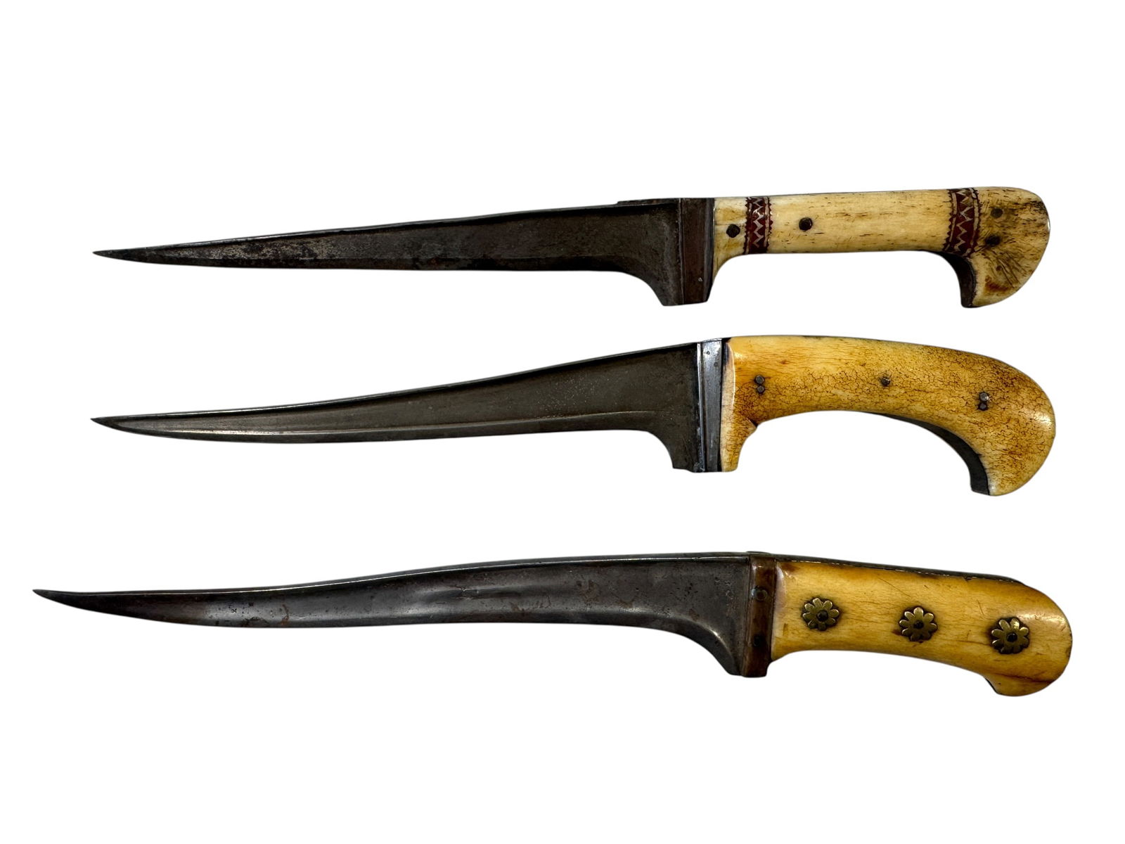 Set 3 Indo Persian Pesh-Kabz Daggers w/ Bone Hilts: Photos are part of the description and should tell the whole story.