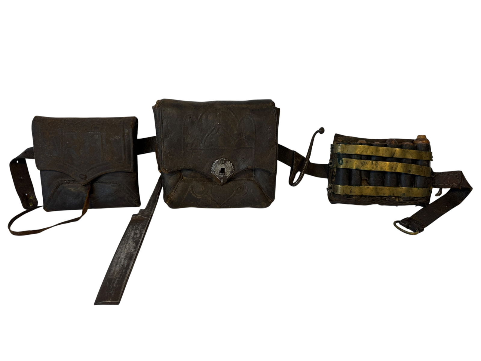 19th Century Military Belt Rig: Measurements:Belt 37"WBags 5"H x 5.25"W and 6"H x 6.75"WMusket Cartridge 4H x 6WMetal Tool 8" x 1"Photos are part of the description and should tell the whole story.