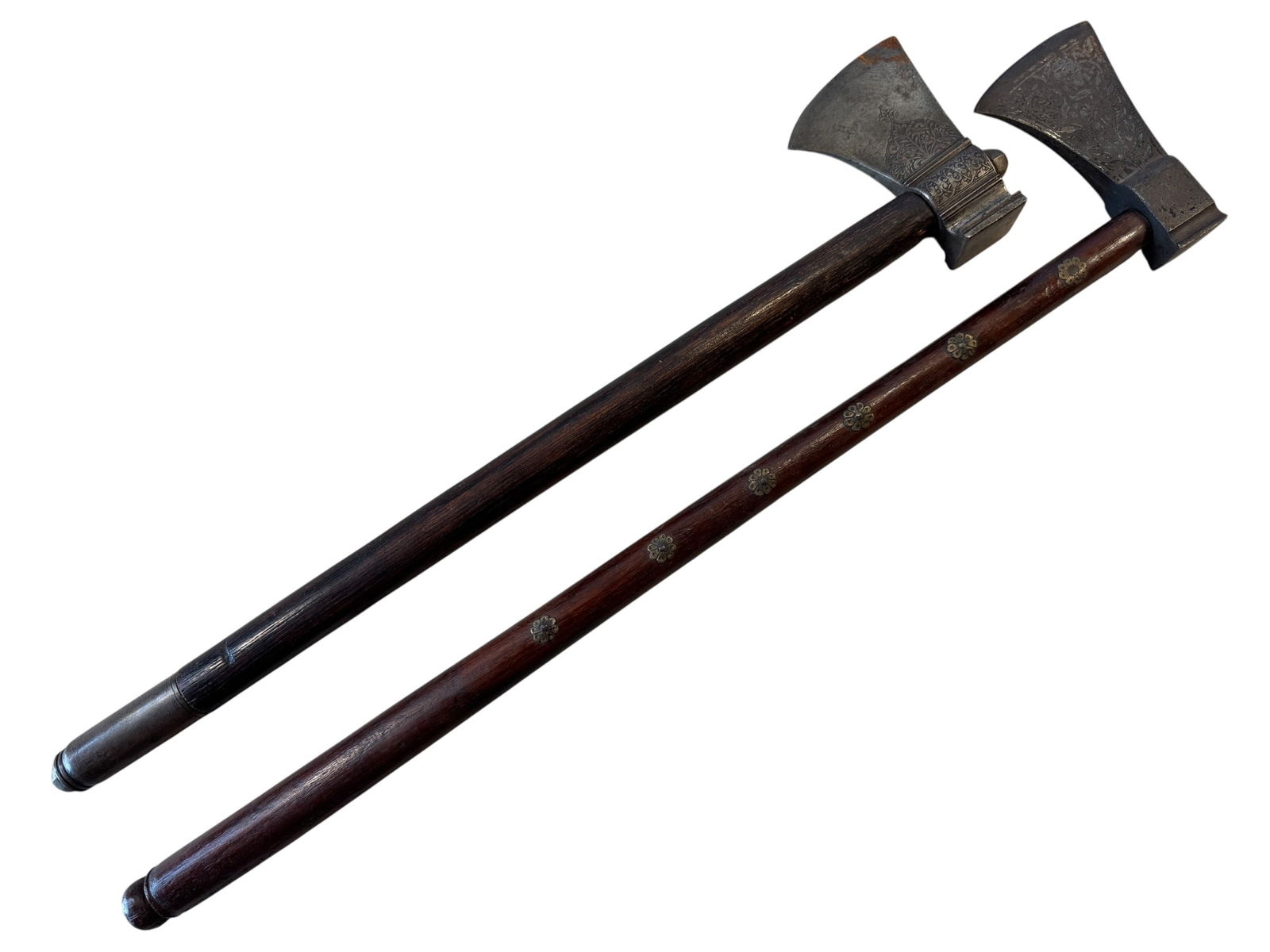 Pair Indo-Persian Axes: Measurements:5.5" x 25" x 1.5"5" x 22.5" x 2"Photos are part of the description and should tell the whole story.