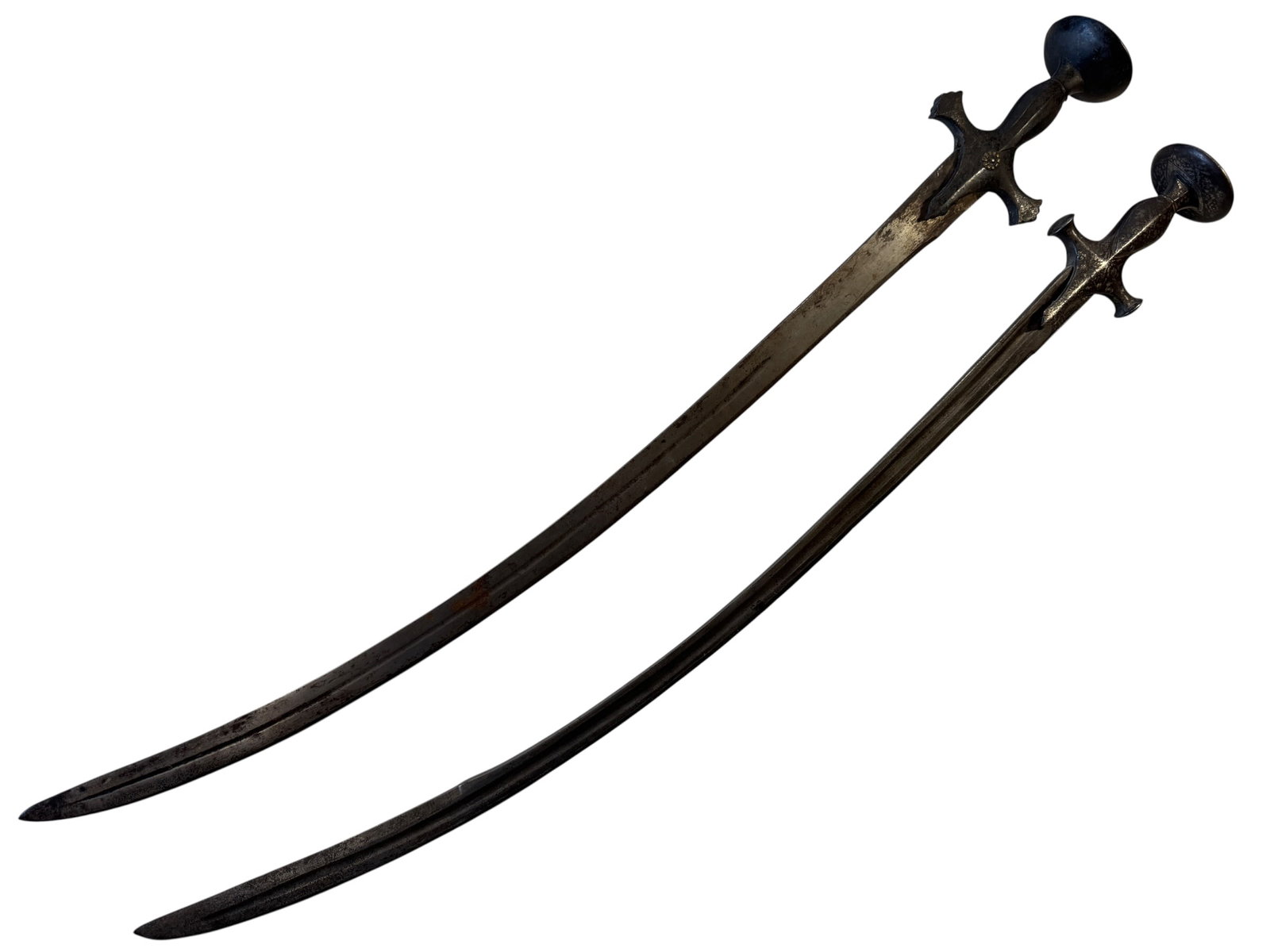 Pair of Indian Tulwar (Talwar) Swords: Measurements: 4.5" x 35" x 3" 3.5" x 34.5" x 2.5" Photos are part of the description and should tell the whole story.