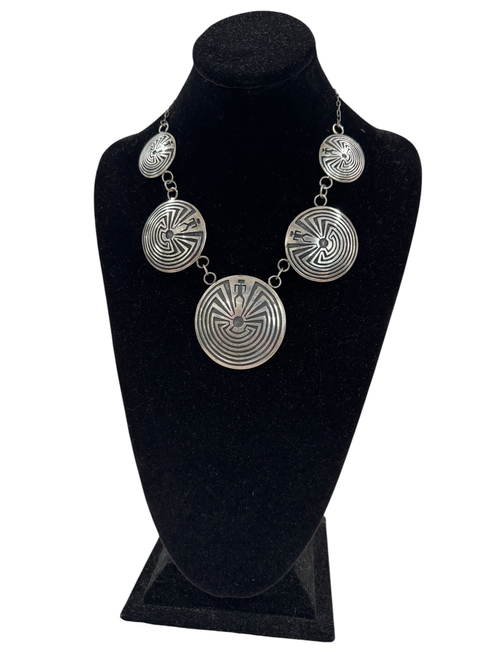 Hopi Man in the Maze Cast Sterling Silver (.925) Necklace: Approx. Gross Weight: 103.6 grams Measurements: 19" end to end 2.25" x 2.25" Pendant Photos are part of the description and should tell the whole story.