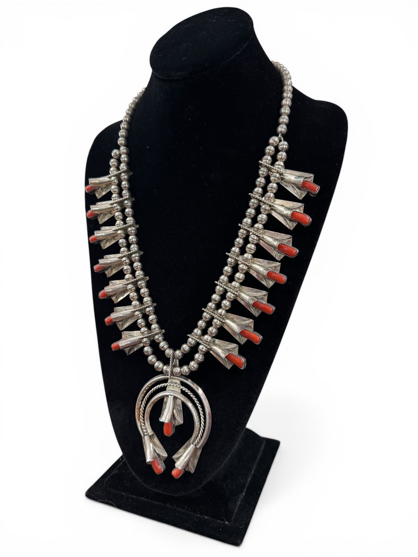 Frank Yazzie Navajo Sterling Silver (.925) & Coral Squash Blossom (1 of 5)