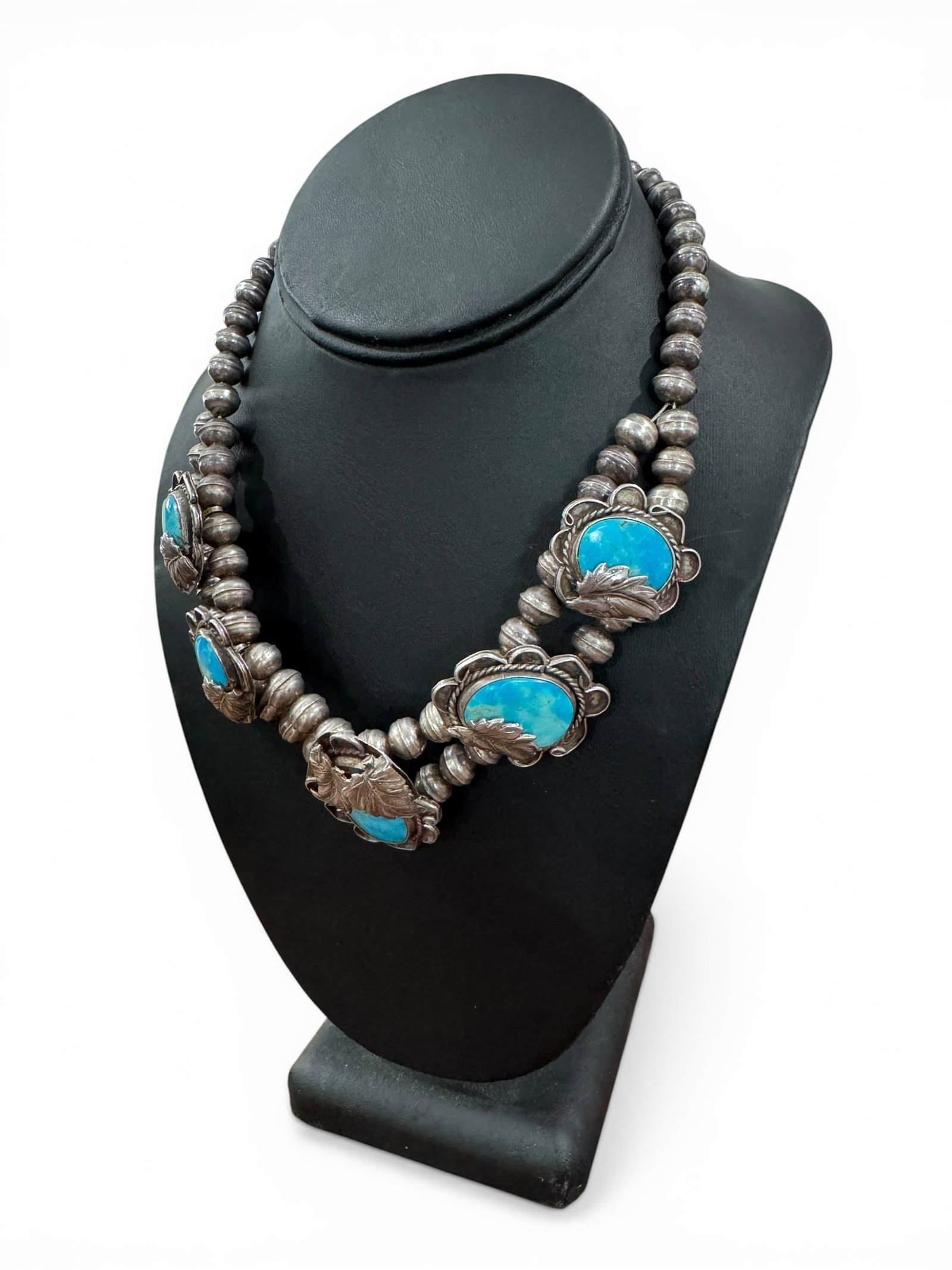 Silver & Turquoise Necklace: Approx. Gross Weight: 74.1 grams Guaranteed to be at minimum coin silver Measurements: 13.25" end to end 1.375" x 1.125" Pendant Photos are part of the description and should tell the whole story.
