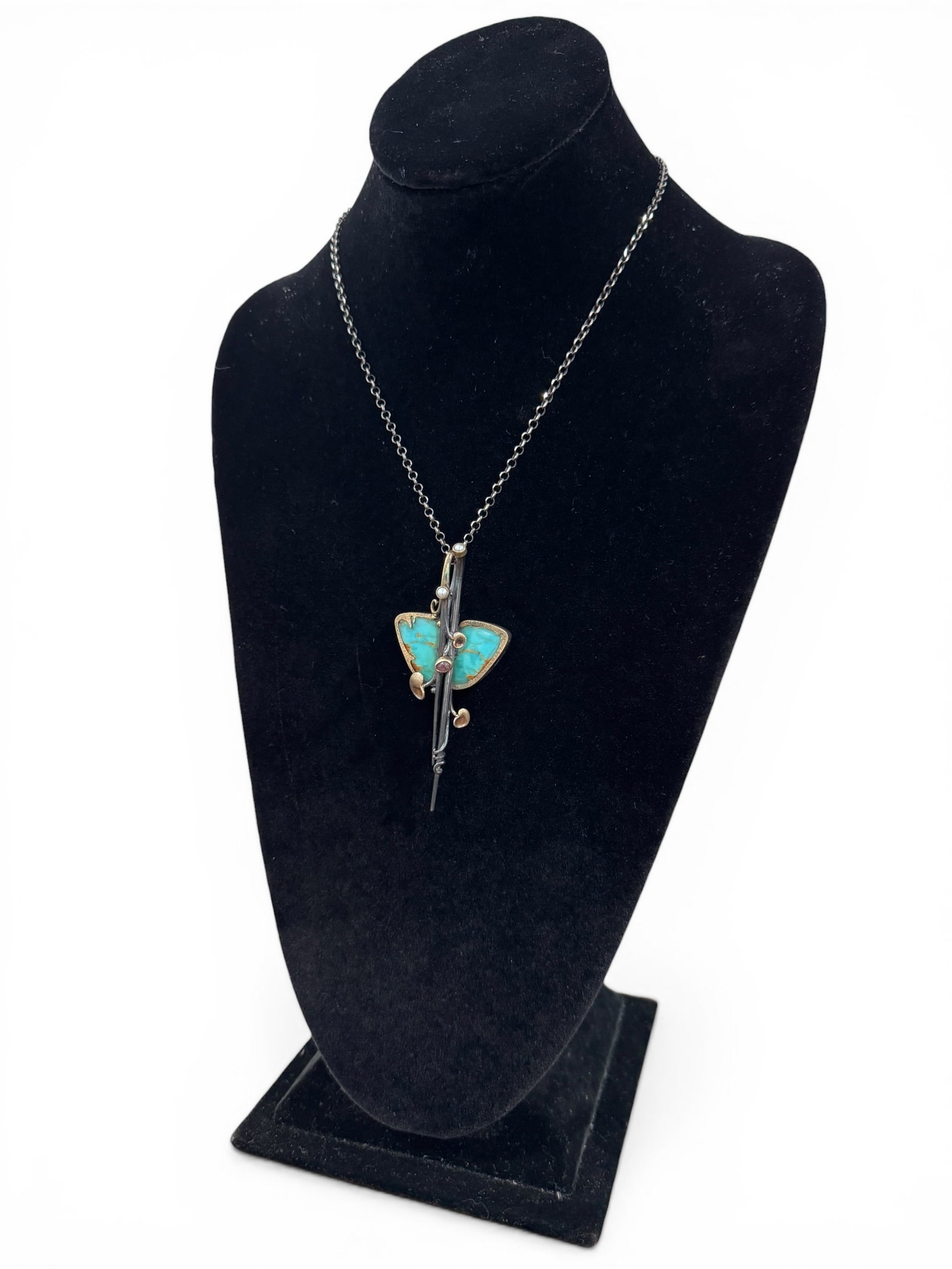 Turquoise & Stone Sterling Silver (.925) Necklace: Approx. Gross Weight: 25.5 gramsMeasurements: 17.75" end to end3.375" x 1.5" PendantPhotos are part of the description and should tell the whole story.