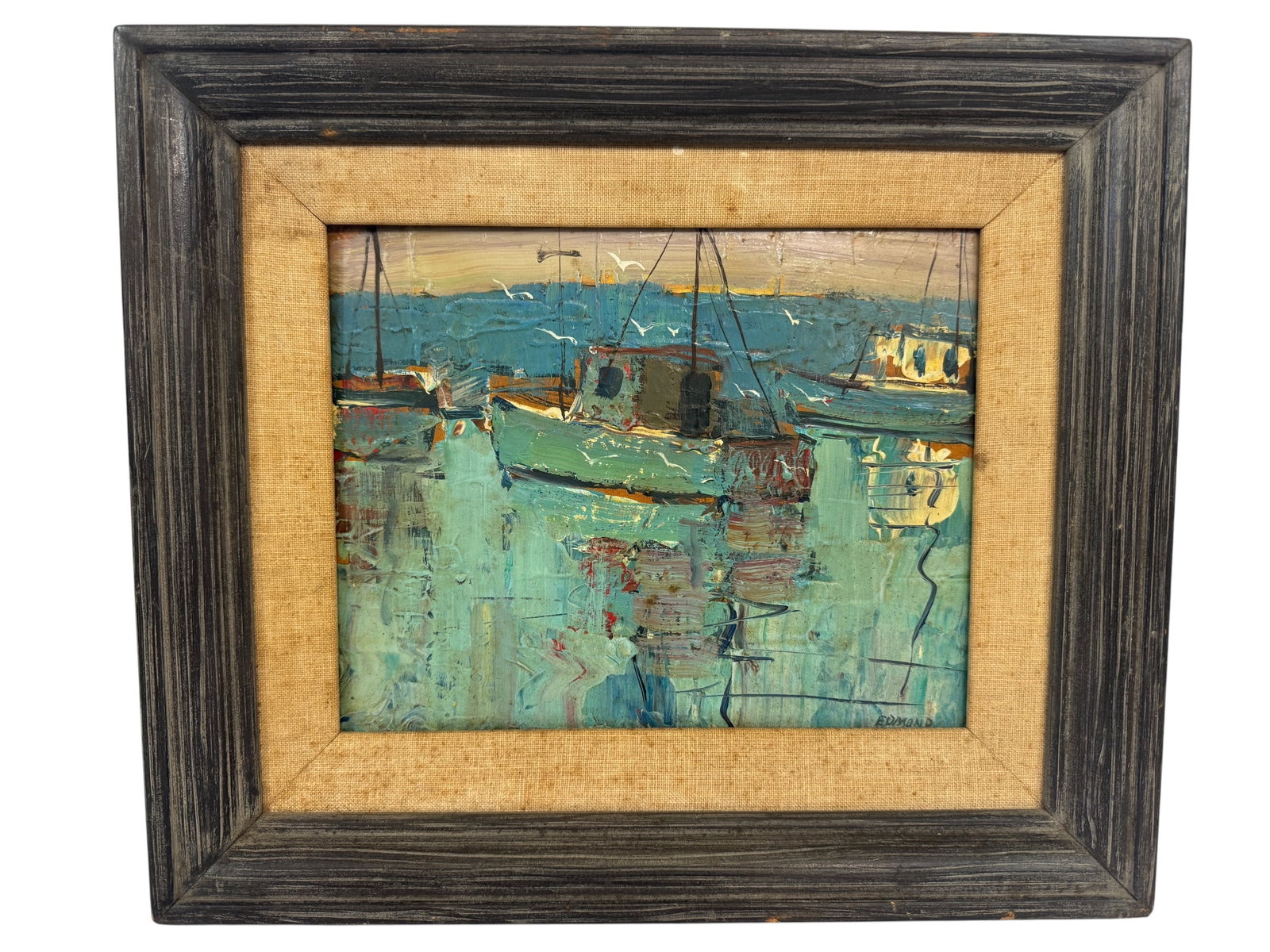 Edmond Francis Woods Boat Scene Original Oil Painting: Image Dimensions: 8" x 10" Frame Dimensions: 13" x 15" Artist: Edmond Francis Woods (1905-1990) was a student of the Southwestern Native American cultures. He is well known for his portrayals of