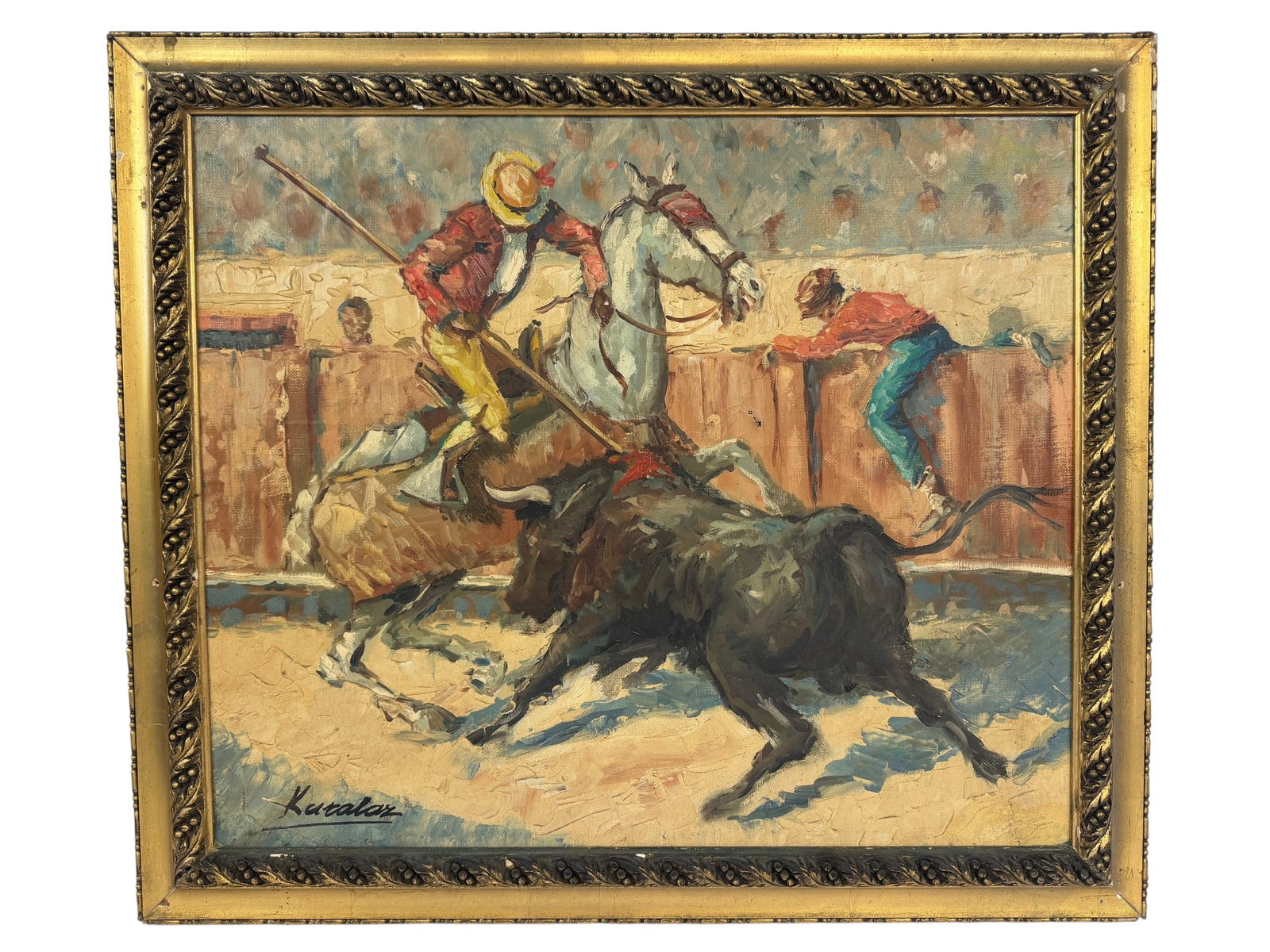 Signed Bullfighting Original Oil Painting: Image Dimensions: 17" x 20.25" Frame Dimensions: 21" x 24.25" Artist: Unknown Photos are part of the description and should tell the whole story.