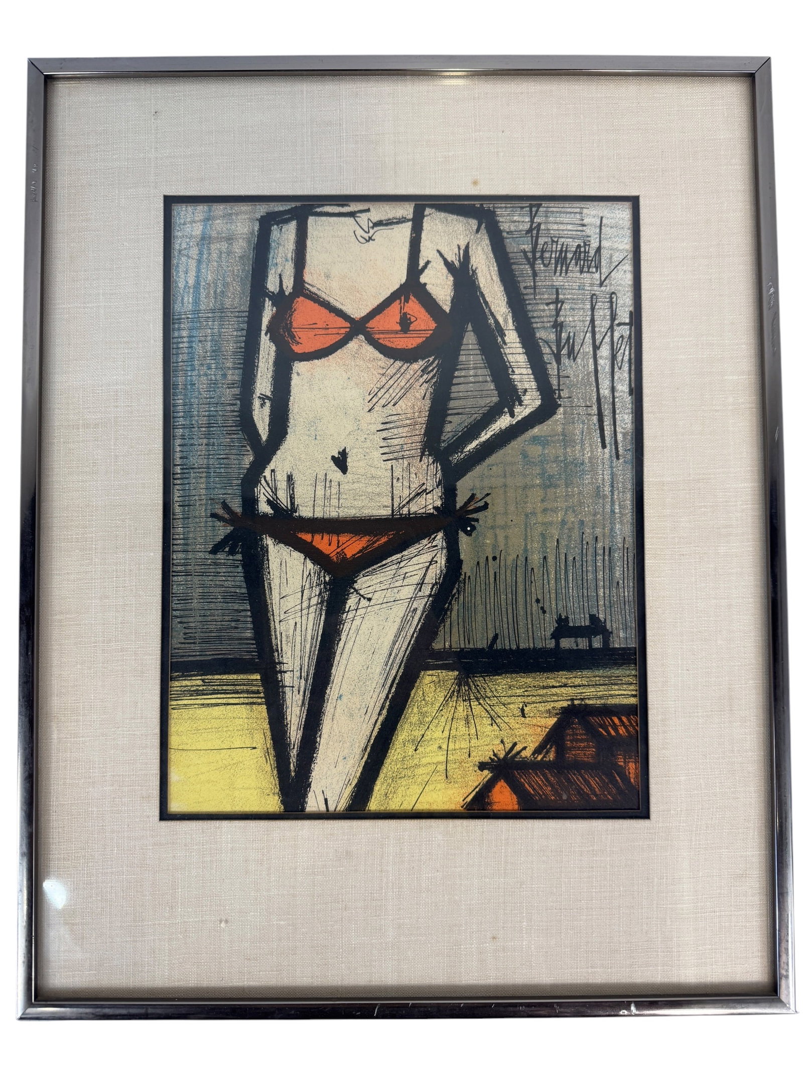 Bernard Buffet "La Plage" 1968 Original Lithograph: Image Dimensions: 11.75" x 9" Frame Dimensions: 18.25" x 14.5" Artist: Bernard Buffet (1928-1999) was known for abstract figural painting, engraving, printmaking and design. Photos are part of the des