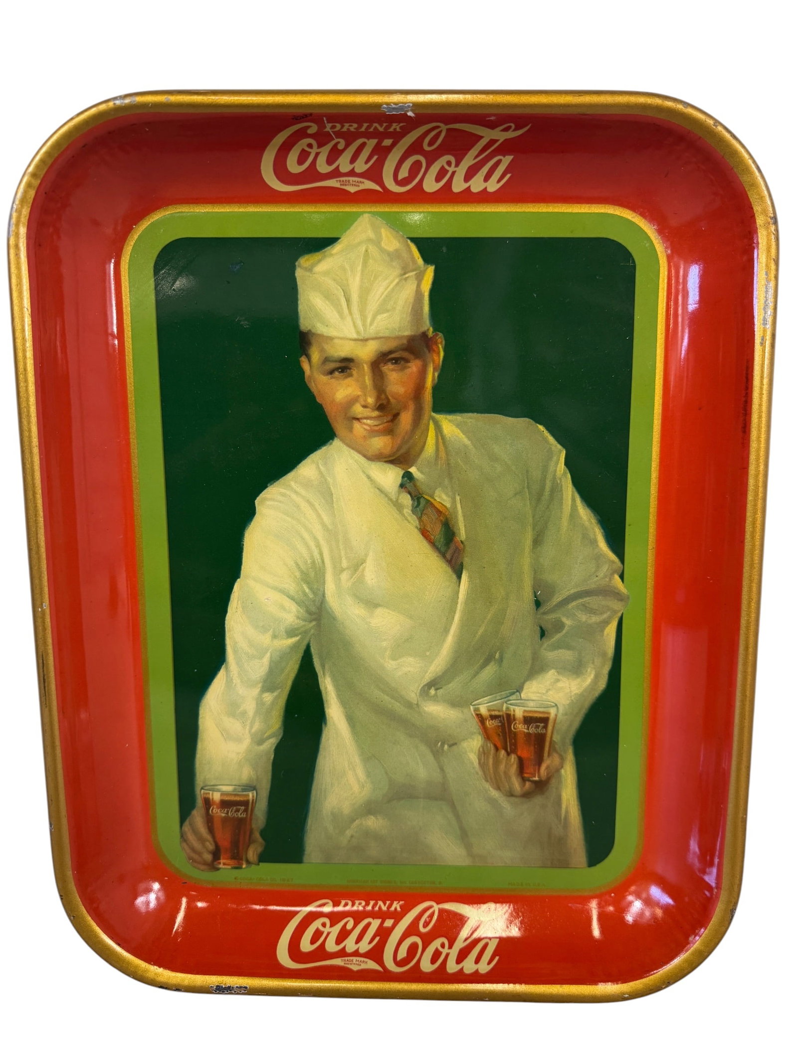 Original 1927 Coca-Cola "Soda Jerk" Tin Tray: Photos are part of the description and should tell the whole story.