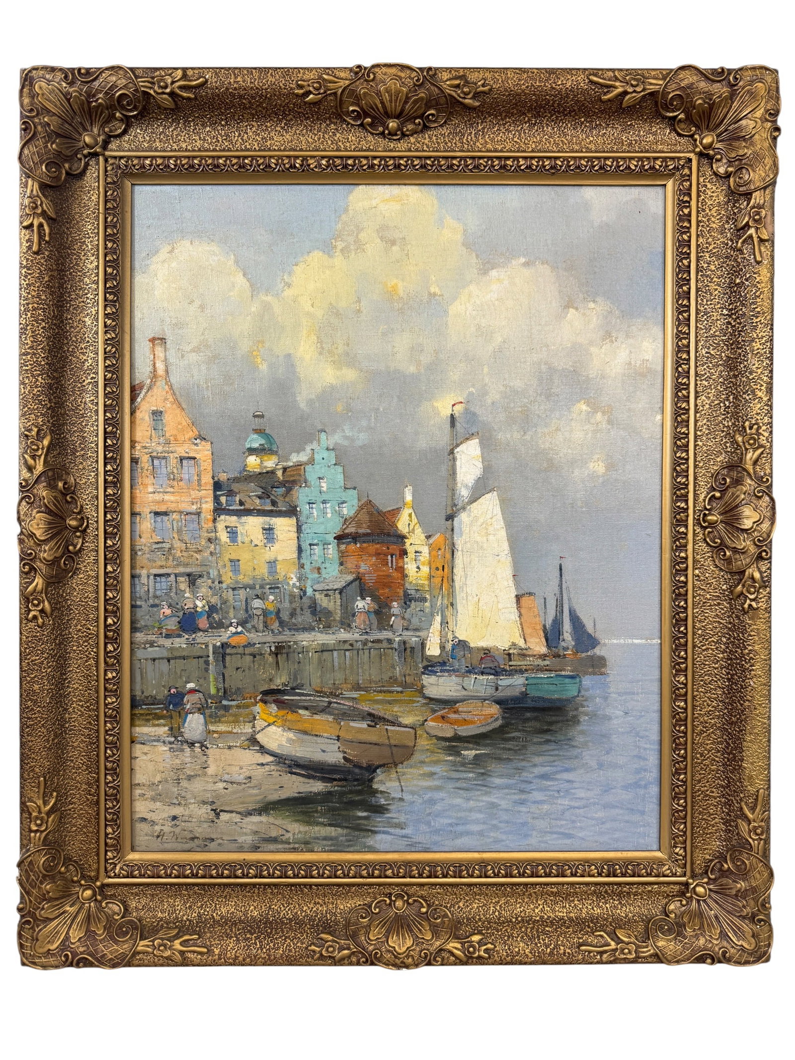 Hans Wagner in the Harbor Original Oil Painting: Image Dimensions: 27" x 21.75" Frame Dimensions: 33.75" x 28.5" Artist: Hans Wagner (1885 - 1949) was born in Switzlerland and is known for landscape painting. Photos are part of the description and