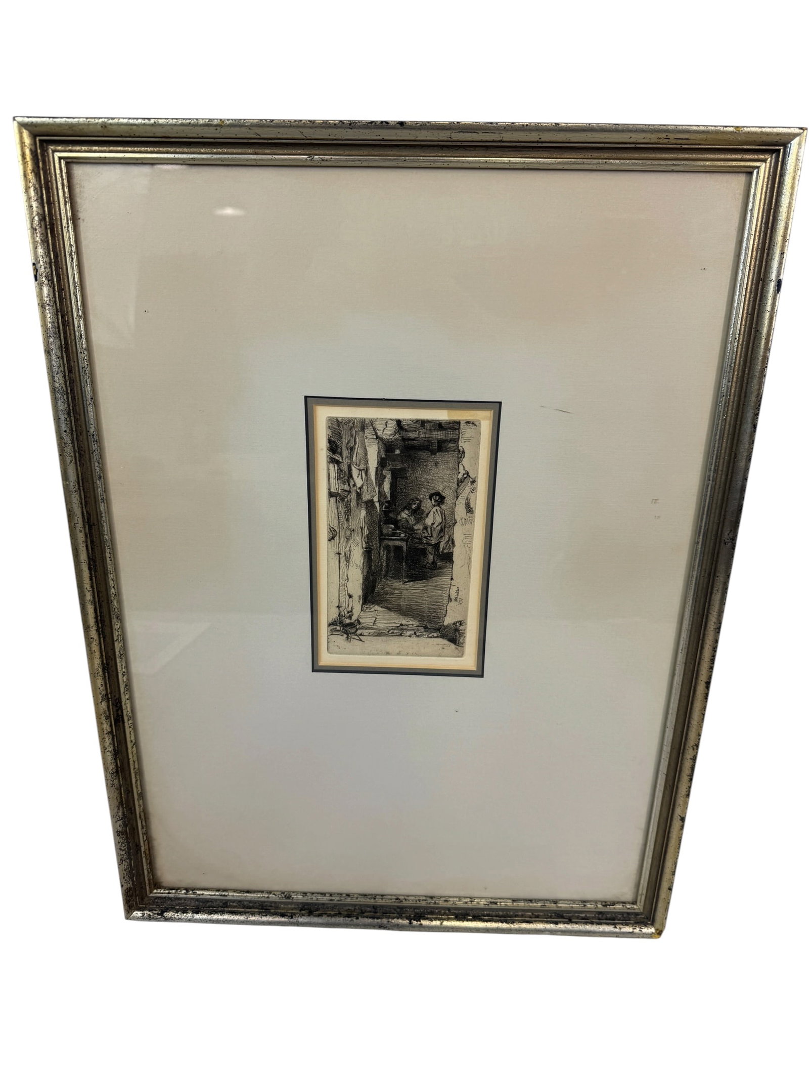 James Abbott McNeil Whistler "The Rag Gatherers" Etching: Image Dimensions: 6.5" x 4" Frame Dimensions: 20" x 15.25" Artist: James Abbott McNeil Whistler (1834 - 1903) was one of the most influential late 19th-century American painters and etchers, although