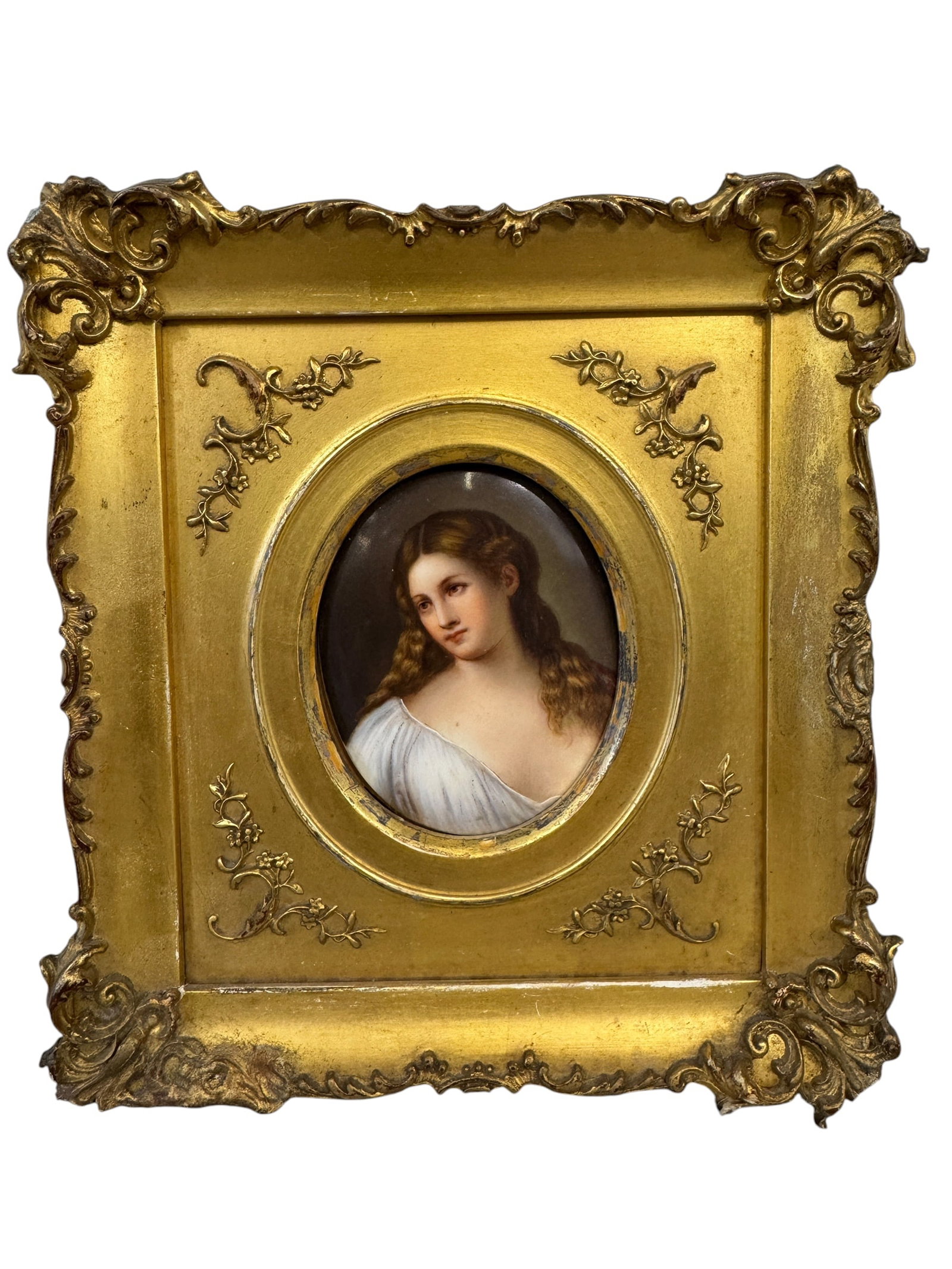 Antique Hand Painted Porcelain Plaque Portrait: Image Dimensions: 3.5" x 2.75" Frame Dimensions: 7.5" x 7.5" Photos are part of the description and should tell the whole story.