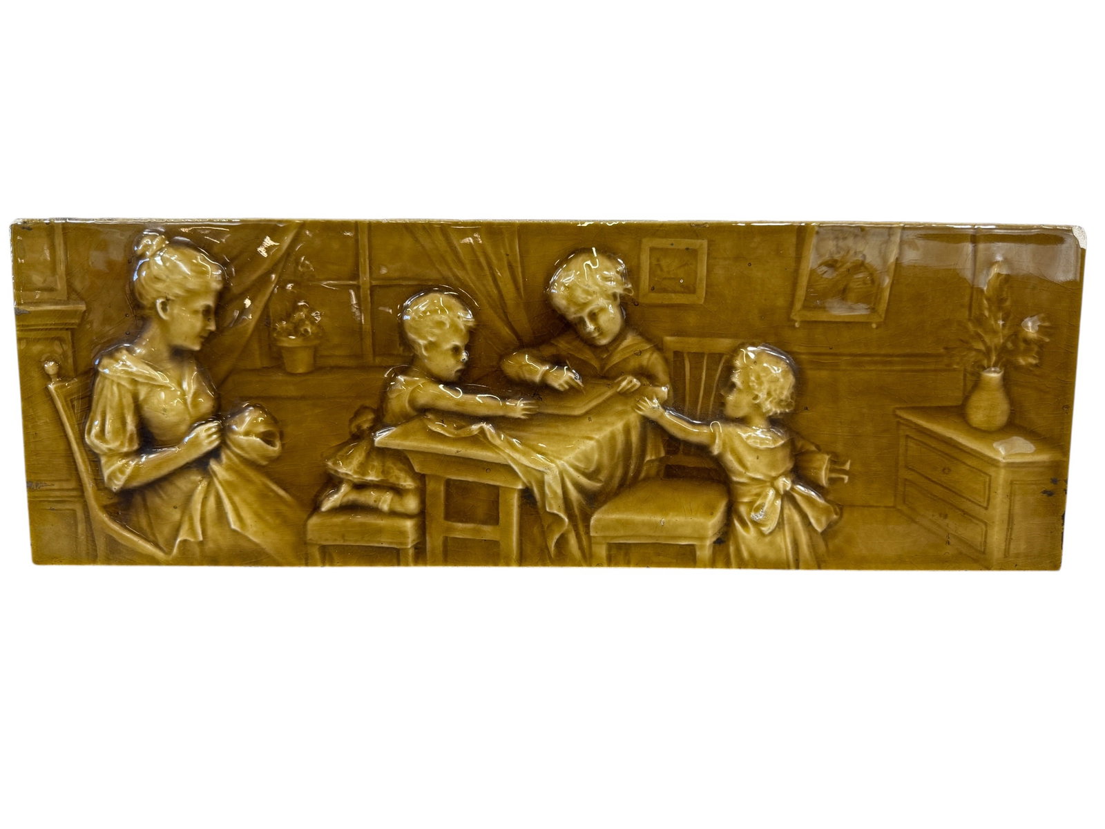 Antique American Encaustic Tiling Co. Majolica Tile: Photos are part of the description and should tell the whole story.