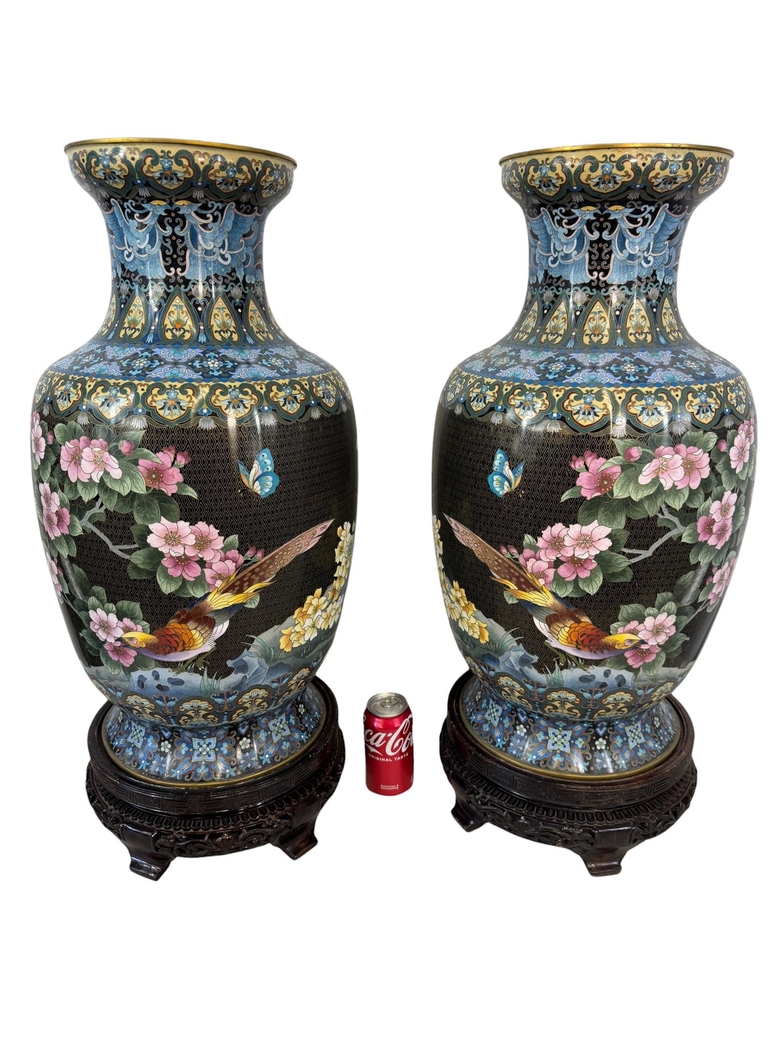 Pair Monumental Cloisonne Vases Floral Motif w/ Stands: Measurements: 25" x 13" x 13" without stand 29.5" x 13" x 13" with stand Photos are part of the description and should tell the whole story.