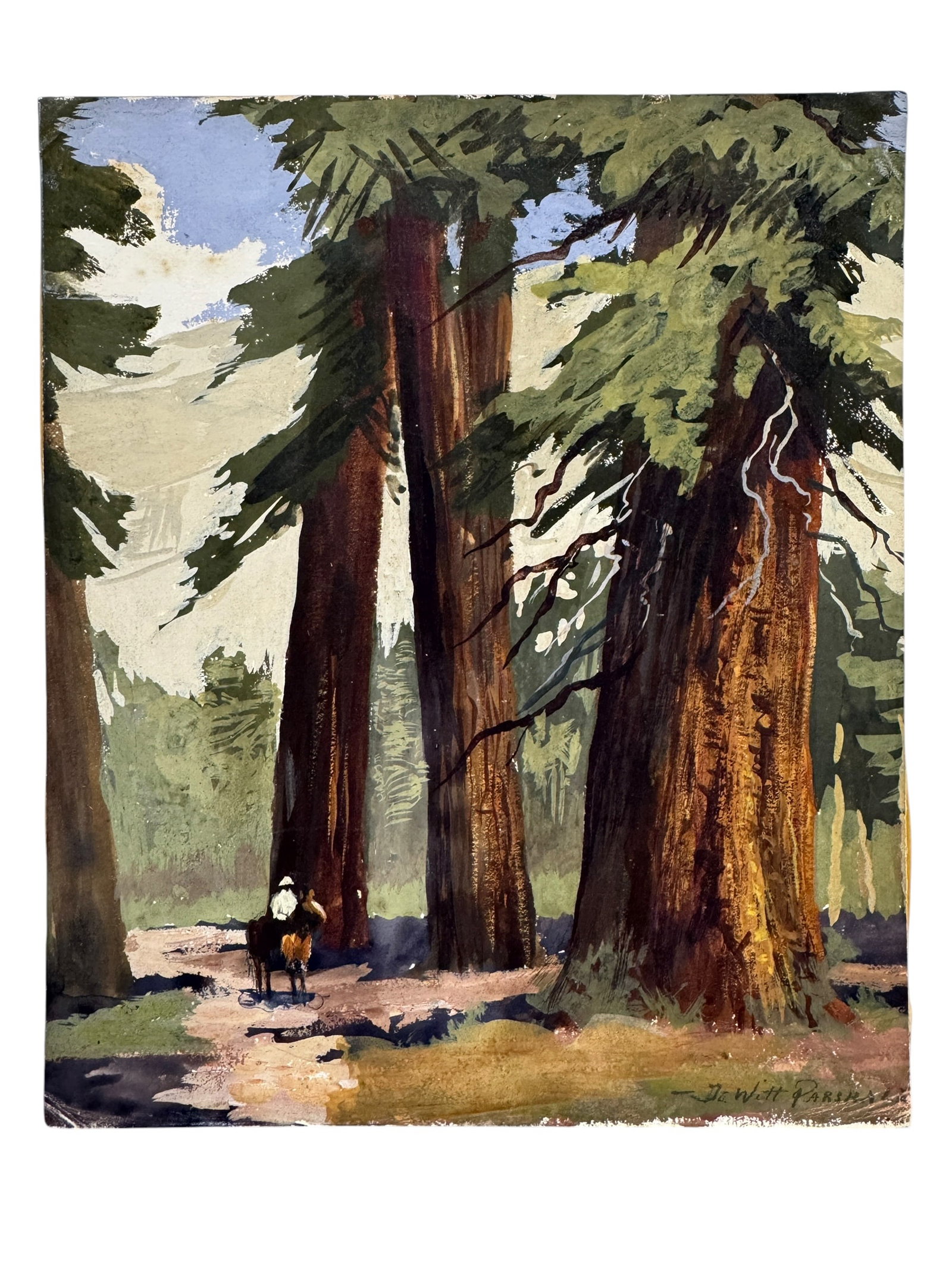 DeWitt Parshall "Redwoods" 1927 Plein Aire Study Original Oil: Camp Merced Lake, Yosemite National Park. Image Dimensions: 10.125" x 8.5" Artist: DeWitt Parshall (1864-1956) was known for his scenes of the Grand Canyon and Santa Barbara Coast. His work often