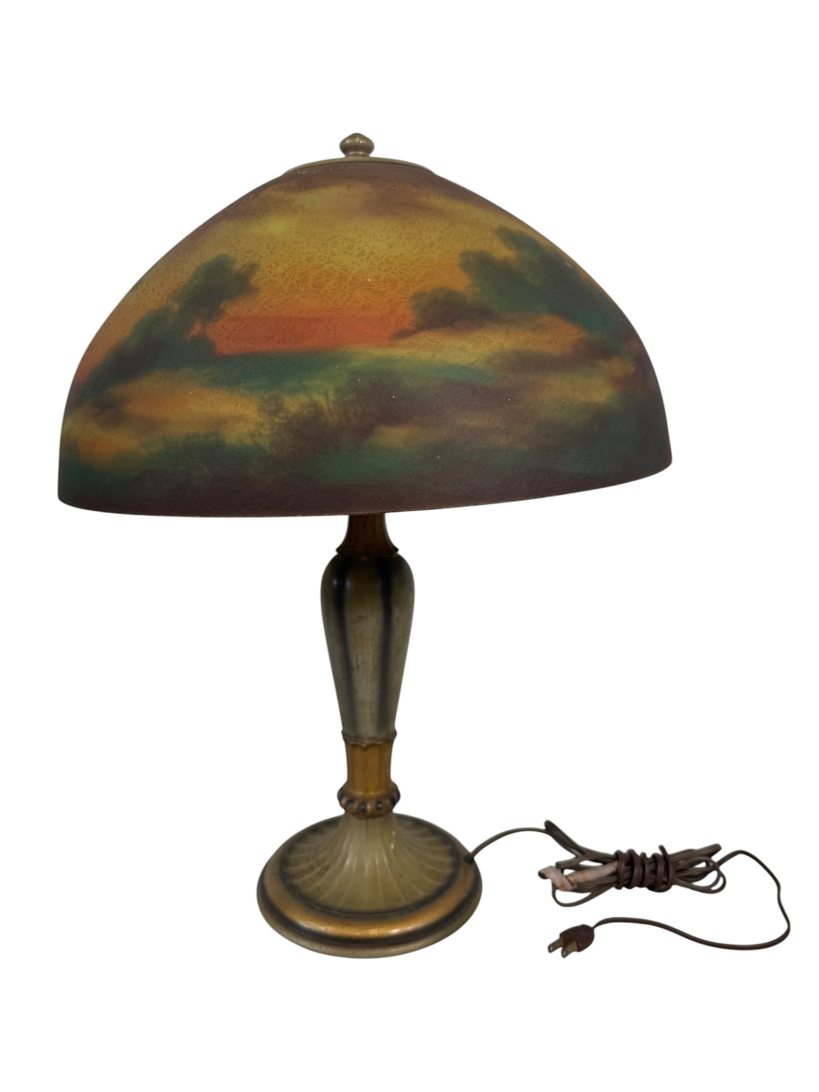 Jefferson Arts & Crafts Reverse Painted Landscape Scene Table Lamp: Tested, works. Measurements: Lamp Shade: 7.75" high x 16.25" diameter Lamp Base: 21.75" high x 7" width x 7" depth Photos are part of the description and should tell the whole story.