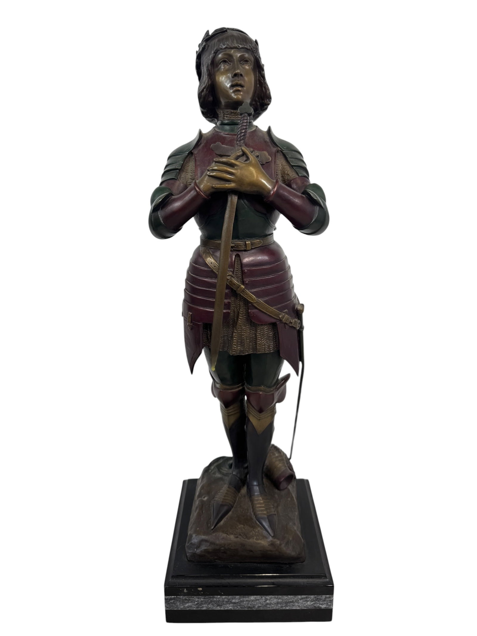Oscar Ruffony Bronze Joan of Arc Sculpture: Weighs approximately 33lbs. Artist: Oscar Ruffony (1874-1946) was a European sculptor known for his elegant, classical portrayals of historical and religious figures. Photos are part of the