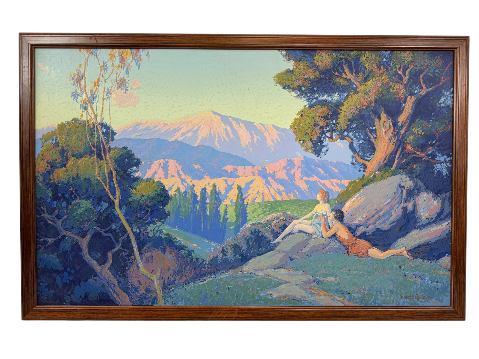 Joe Duncan Gleason California Landscape Facsimile in Oil: Van-ton Studios, L.A. California. Image Dimensions: 20.75" x 33.875" Frame Dimensions: 23.375" x 36.25" Artist: Joe Duncan Gleason (1881-1959) was an American engraver, illustrator, and painter.