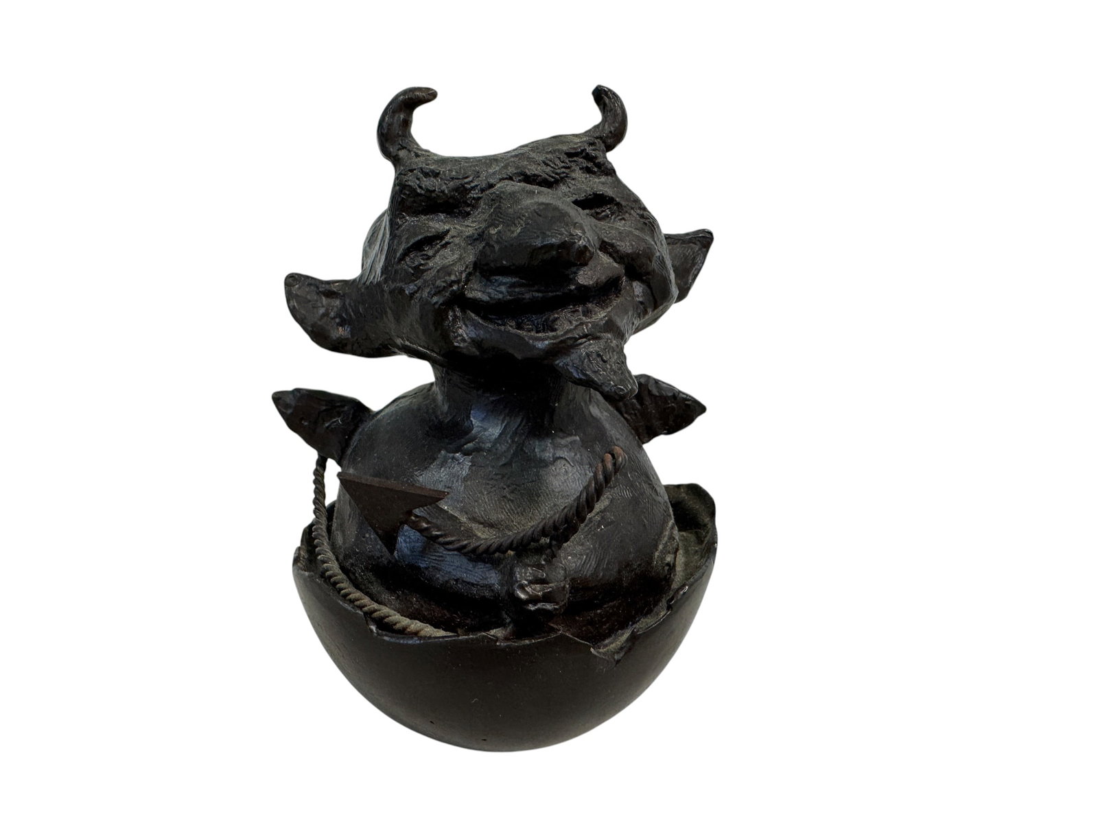 Charles Bragg Bronze "Deviled Egg" Sculpture: Artist: Charles Bragg (1931-2017) was an American sculptor, painter, artist and author known best for his satirical artwork. Photos are part of the description and should tell the whole story.
